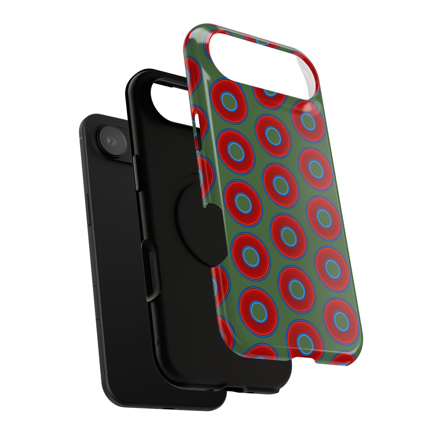 Impact-Resistant Lumpy Donut Case - red vivid donut print w/dark green background