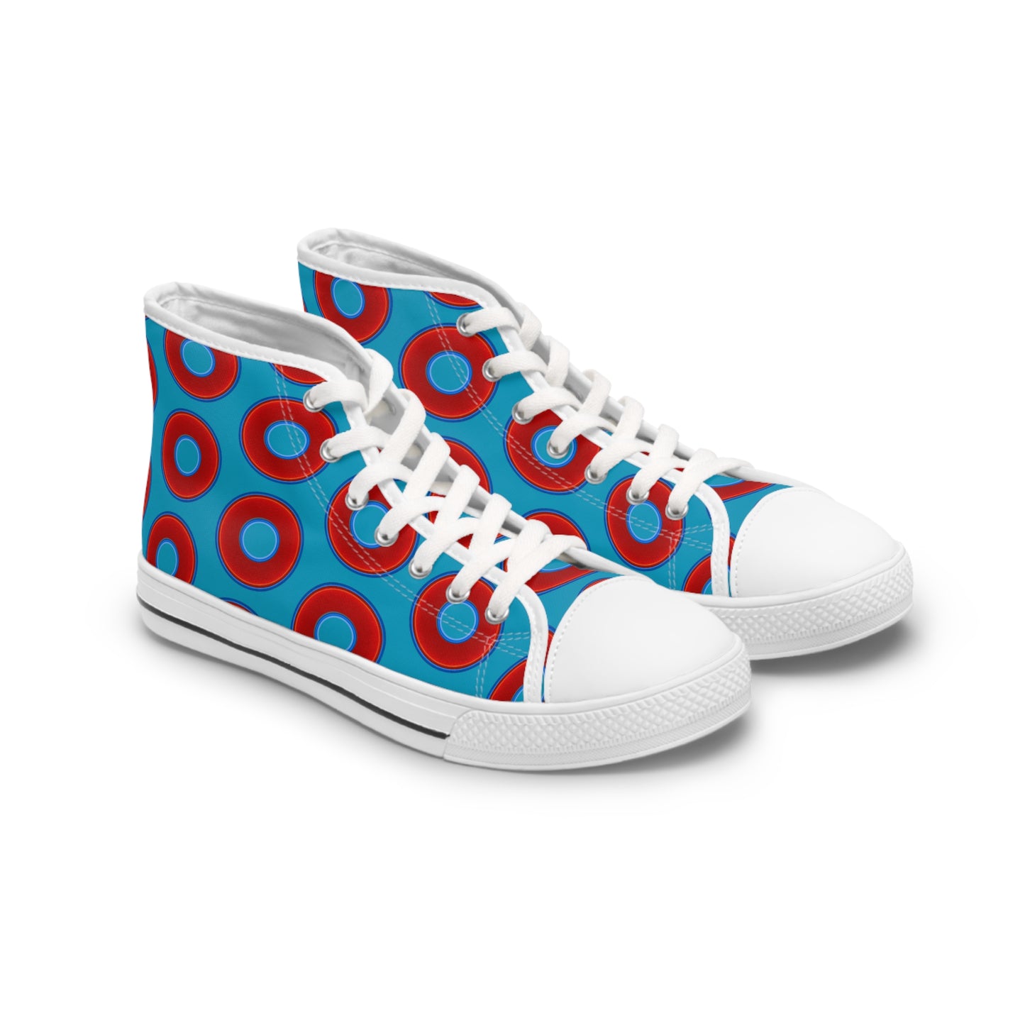 Women's High Top Chuck Taylors - large vivid red donut print w/aquamarine blue background
