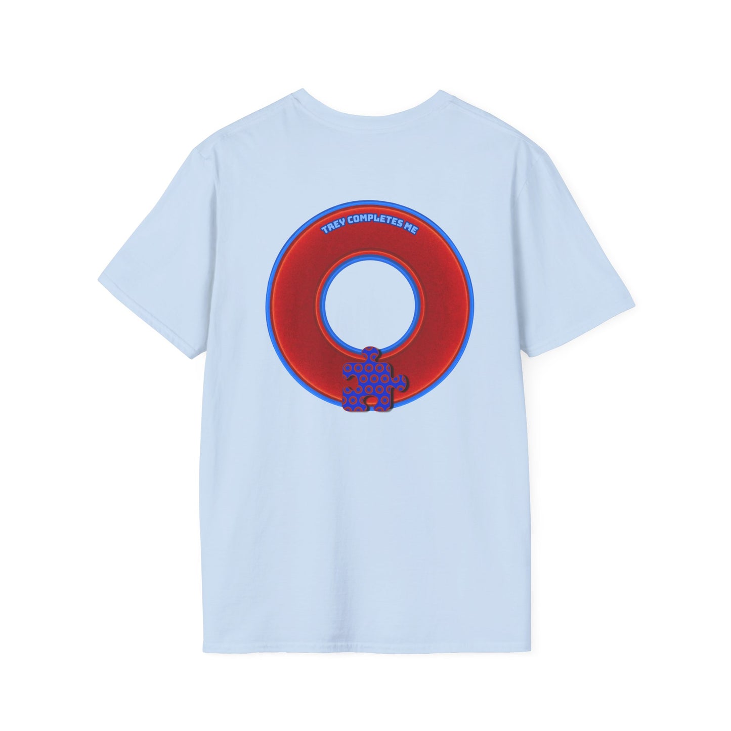 Classic Donut Tee - Unisex Soft-Style - "Trey's Completed Donut" - vivid red/blue donut