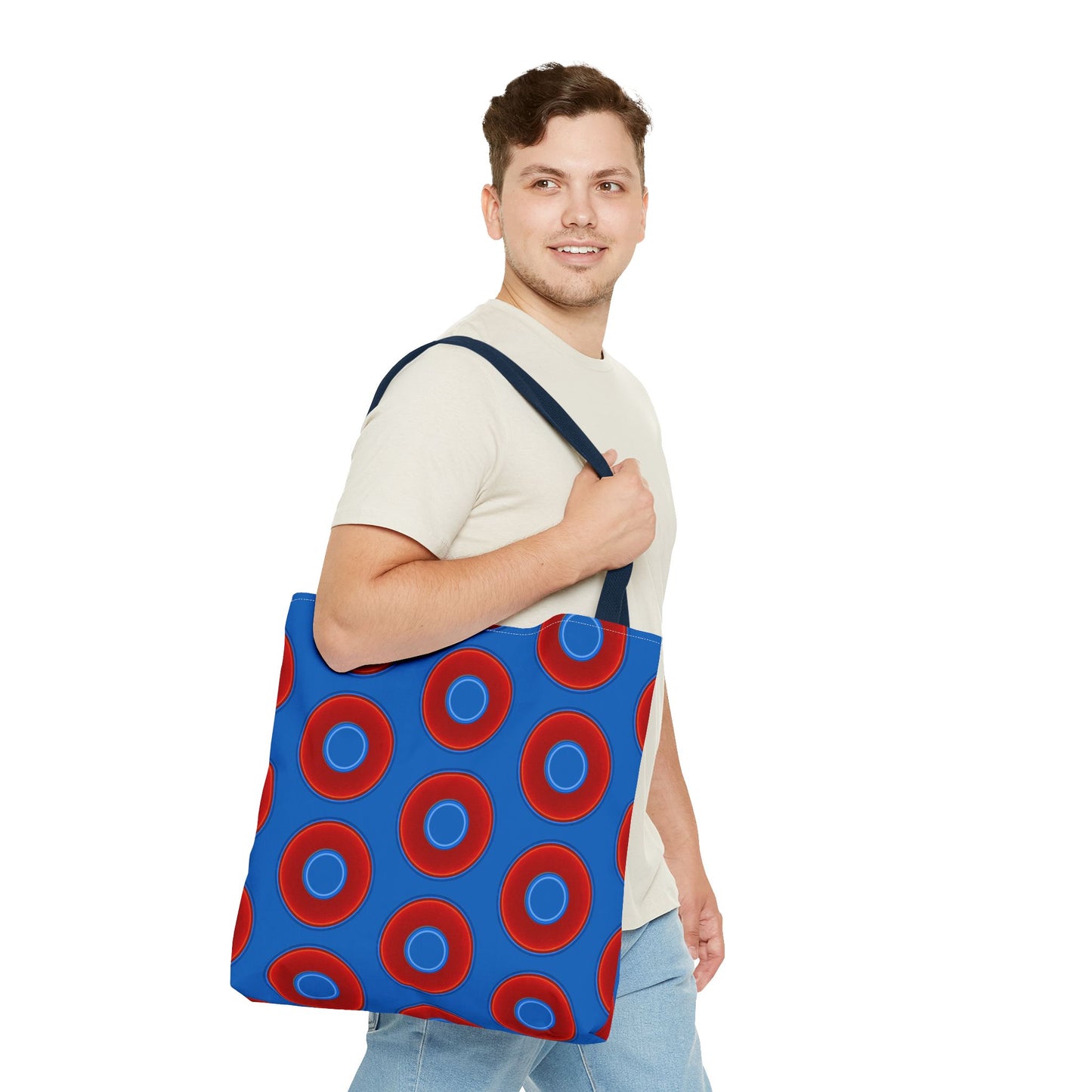 Lumpy Beach/Tote Bag - red vivid donuts w/dark royal blue background