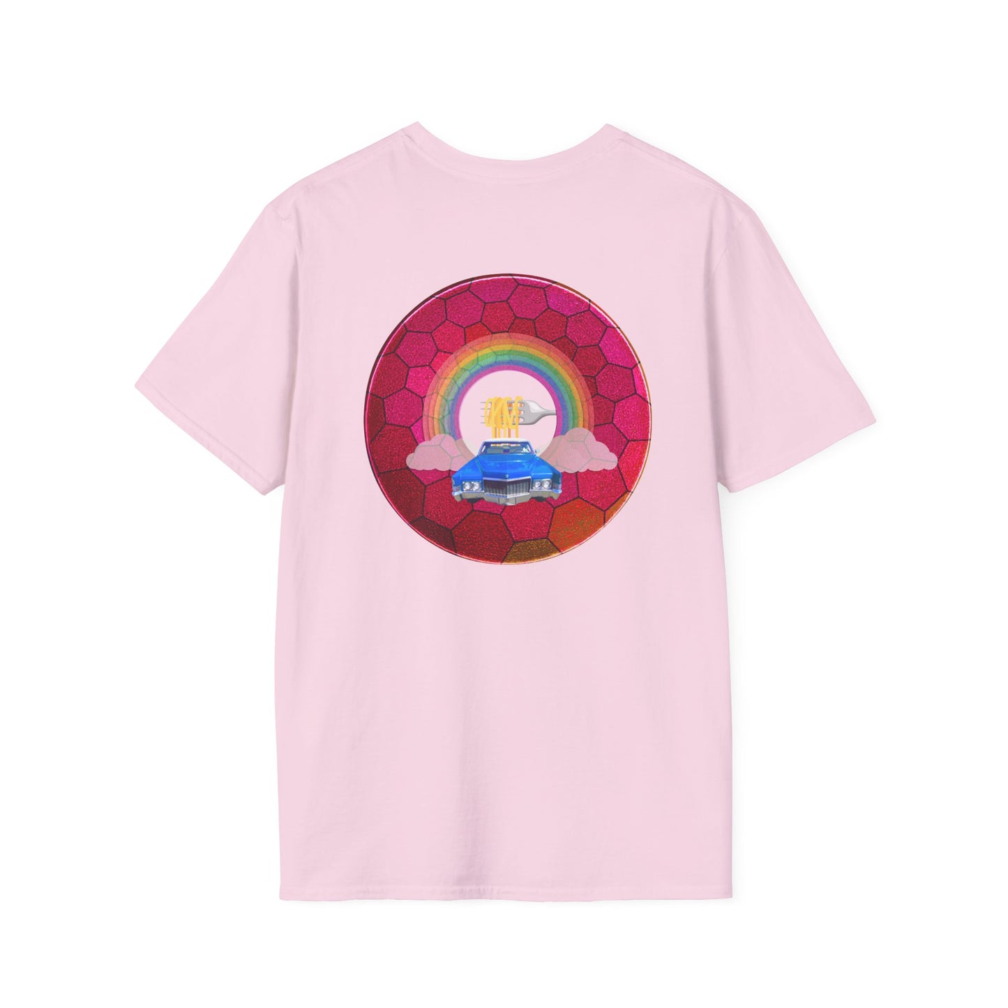 Classic Donut Tee - Unisex Soft-Style - "Cadillac Rainbows Donut Tee " - variant 2 - magenta hexadonut w/blue caddy