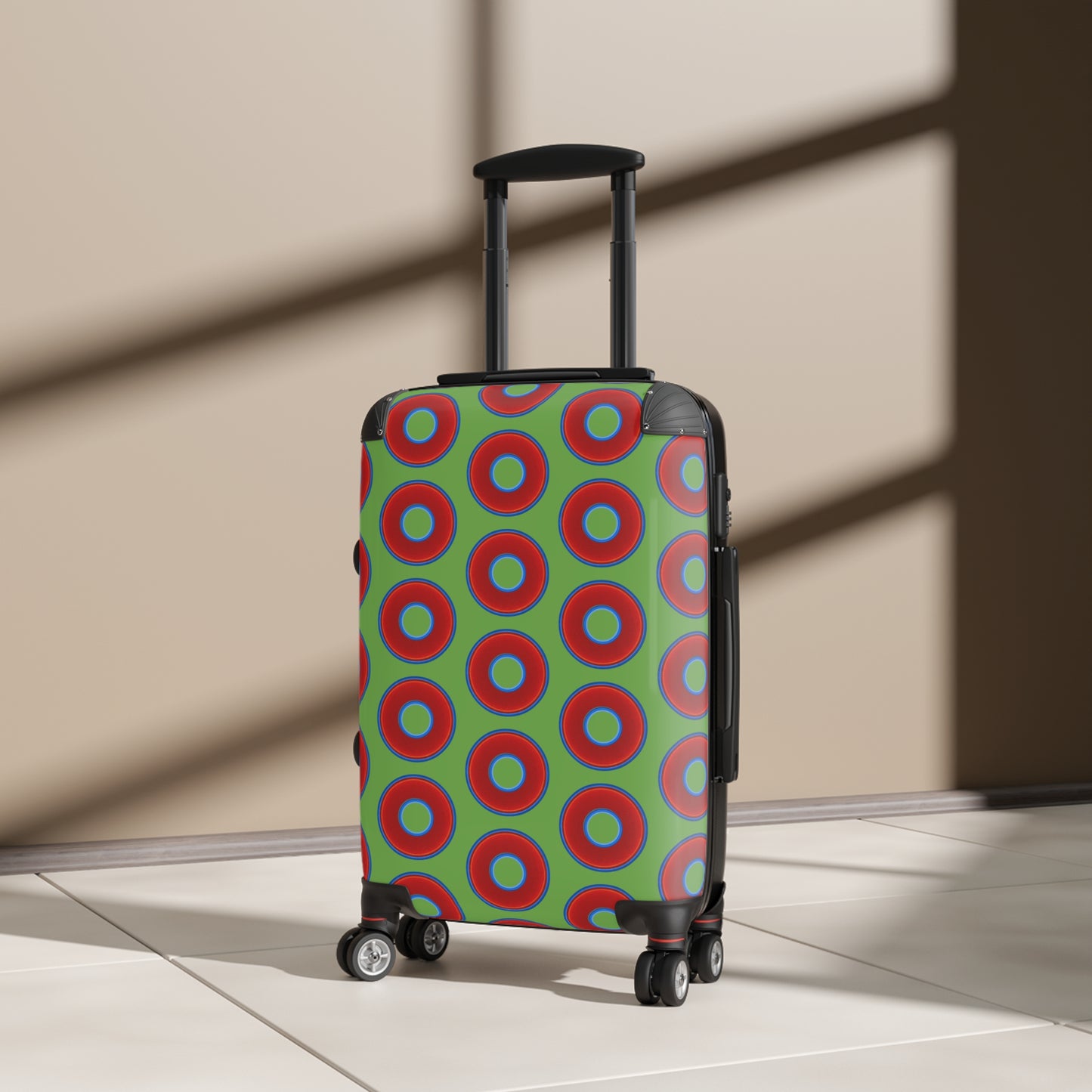 The Very Lumpy Donut Suitcase series - your choice of S, M or L - vivid red donut print w/lime green background