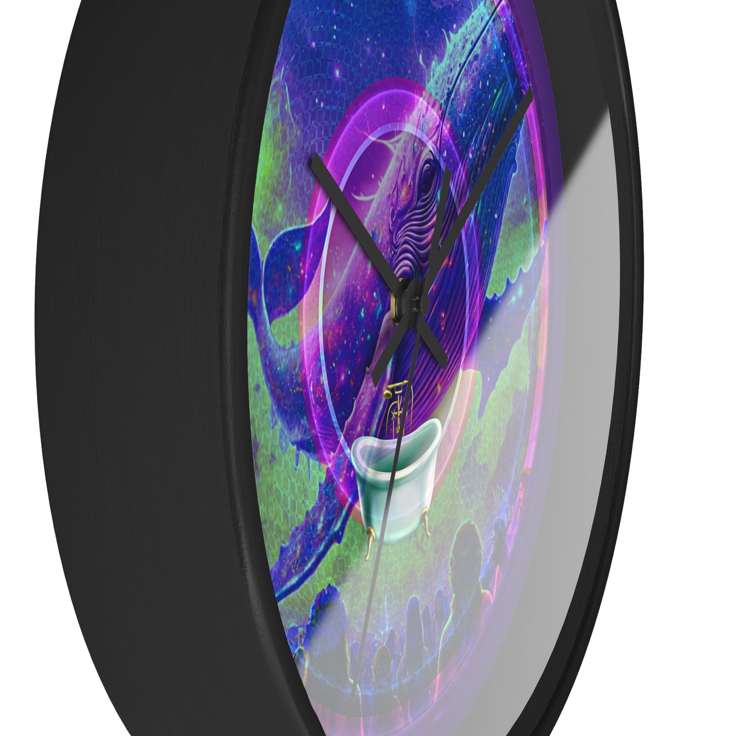 Lumpy Wall Clock - "Whale of a Good Donut Clock" - variant 2 - purple/green/blue pic donut w/purple background