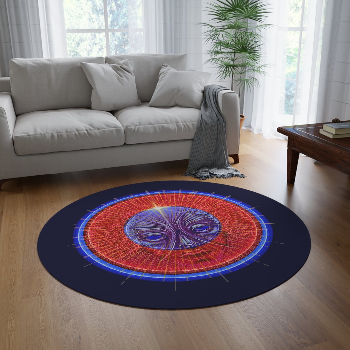 Round Room - 5 ft x 5 ft Lumpy Donut Rug - "Conjurers of Awesome Donuts" - rustic red/blue donut w/dark navy background - variant 1