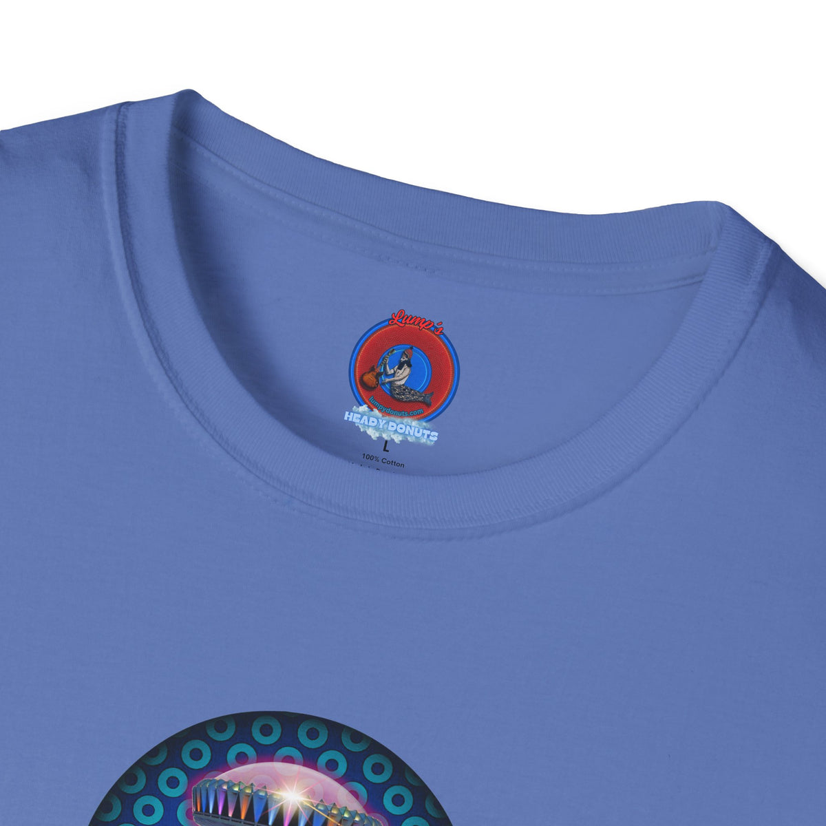 Classic Donut Tee - Unisex Soft-Style - "Donuts now Served on the Mothership" - series 1.0  - variant 3  - blue/light blue donut