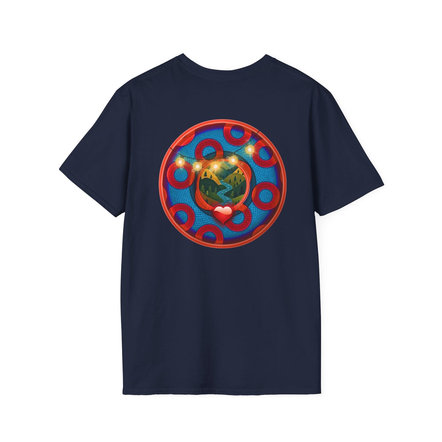 Classic Donut Tee - Unisex Soft-Style - "MORE Donuts Please" - rustic dark blue/red paradox donut - variant 2
