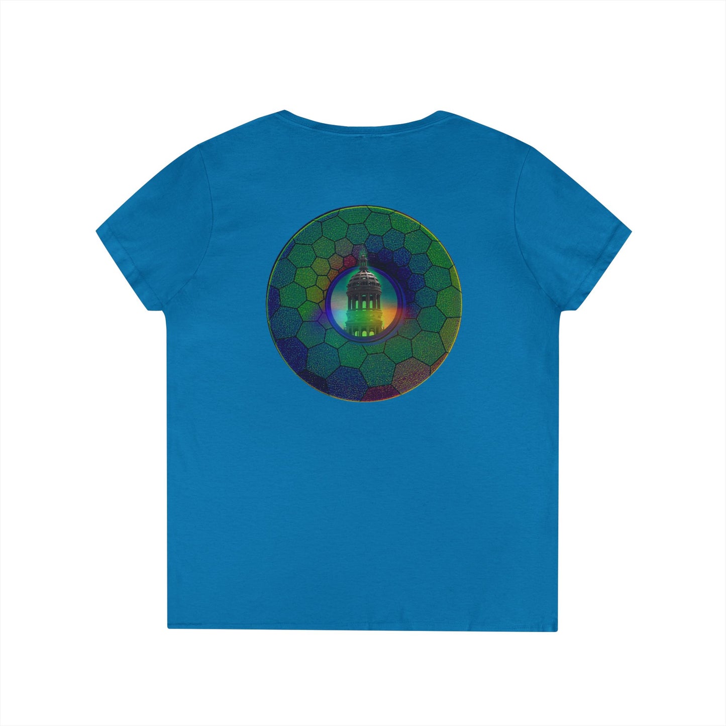 Women's Donut V-Neck Tee - "Save the Mondegreen City Hall Clock Tower" - variant 1 - green hexadonut w/