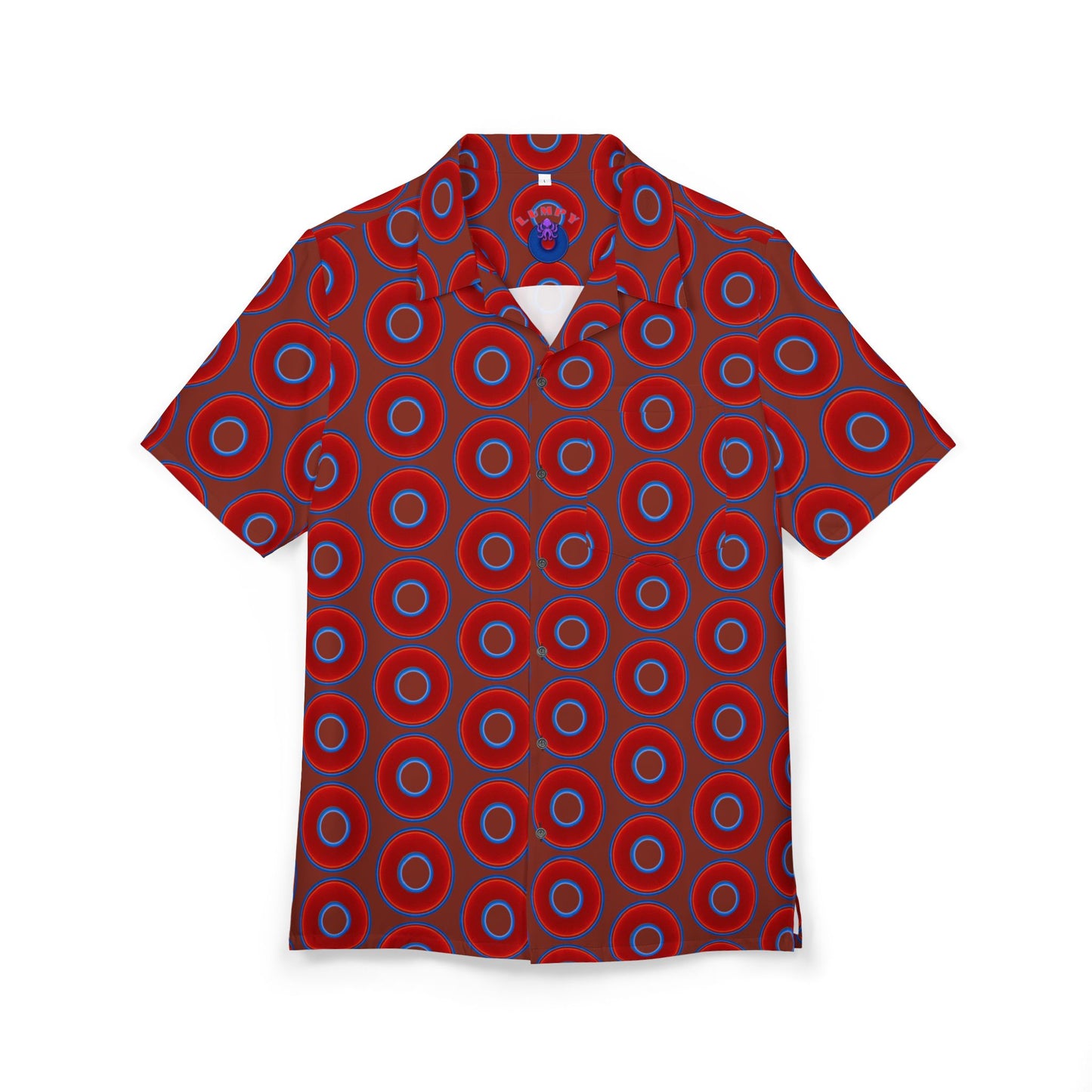 Wilson's 'Epic Hawaiian-Punch' Shirt - vivid red donut print w/burnt umber background [unisex]