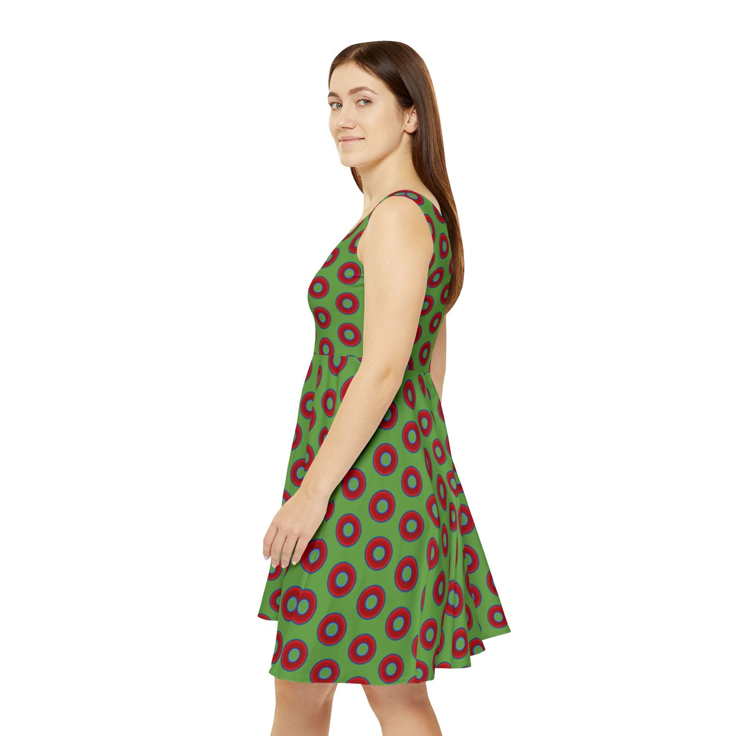 Women's Skater Donut Dress - vivid red donut print w/light green background