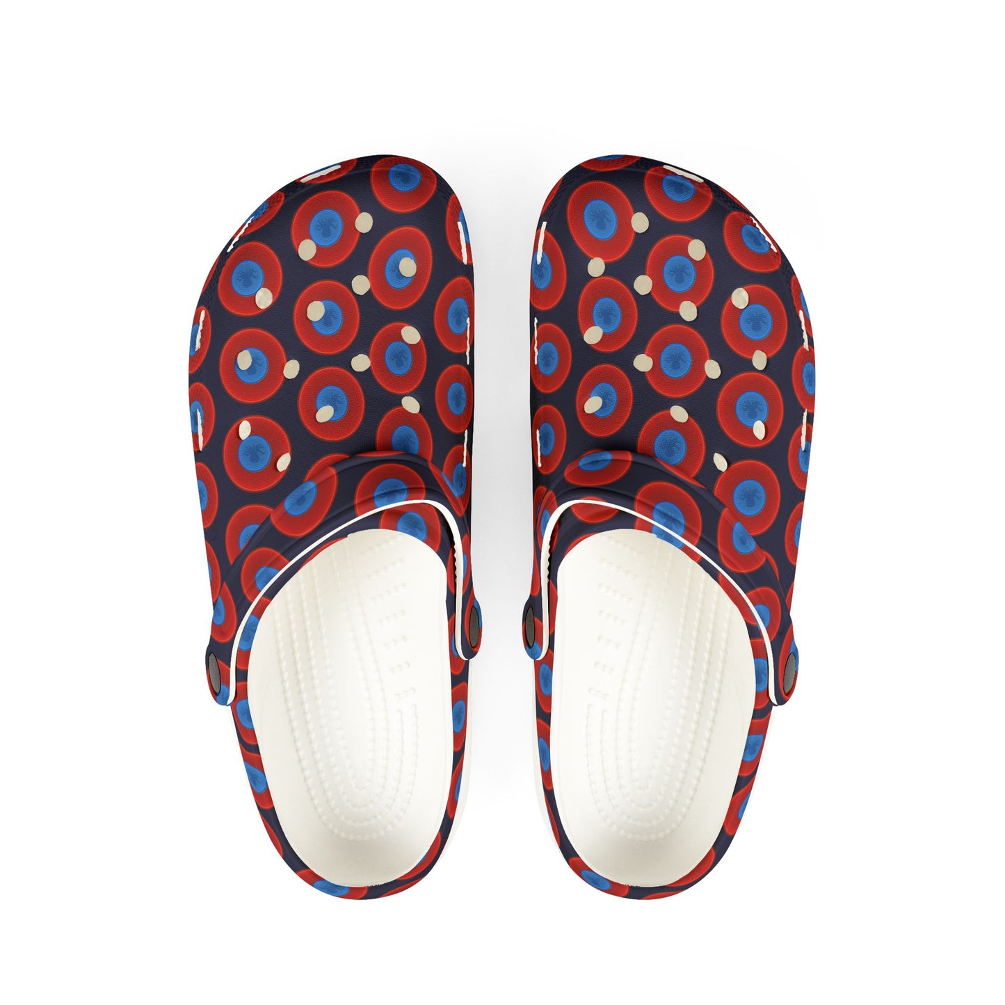 Spatchcocks - donut slip-on shoes - "Roger Moore's Octopussy Donut" - red vivid donuts w/midnight blue background [unisex]