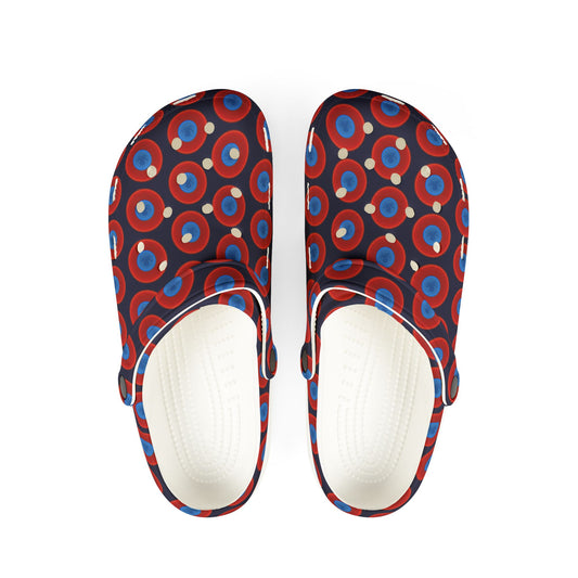 Spatchcocks - donut slip-on shoes - "Roger Moore's Octopussy Donut" - red vivid donuts w/midnight blue background [unisex]