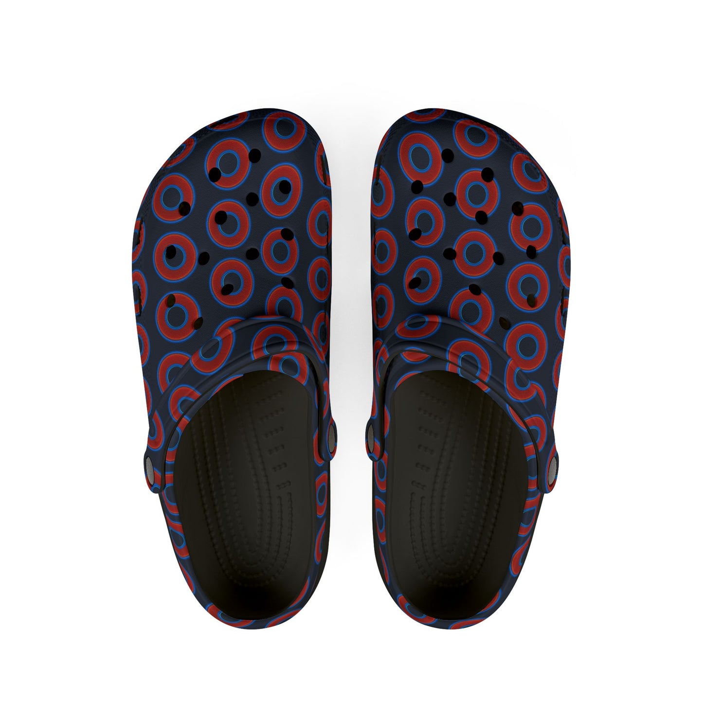 Spatchcocks - donut slip-on shoes - red rustic donuts w/dark blue teal elite background [unisex]