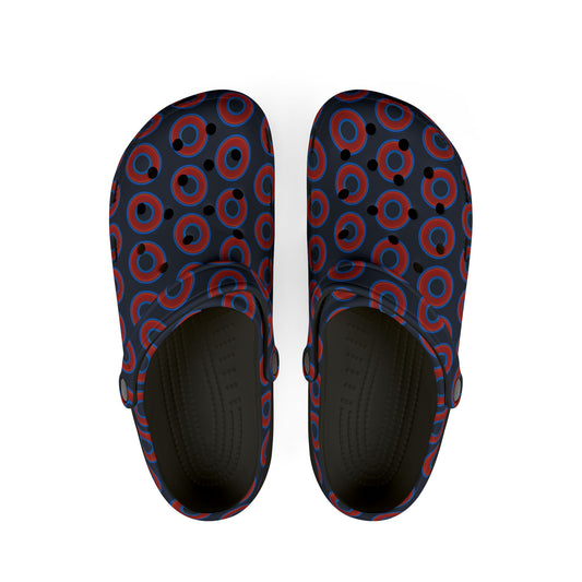 Spatchcocks - donut slip-on shoes - red rustic donuts w/dark blue teal elite background [unisex]