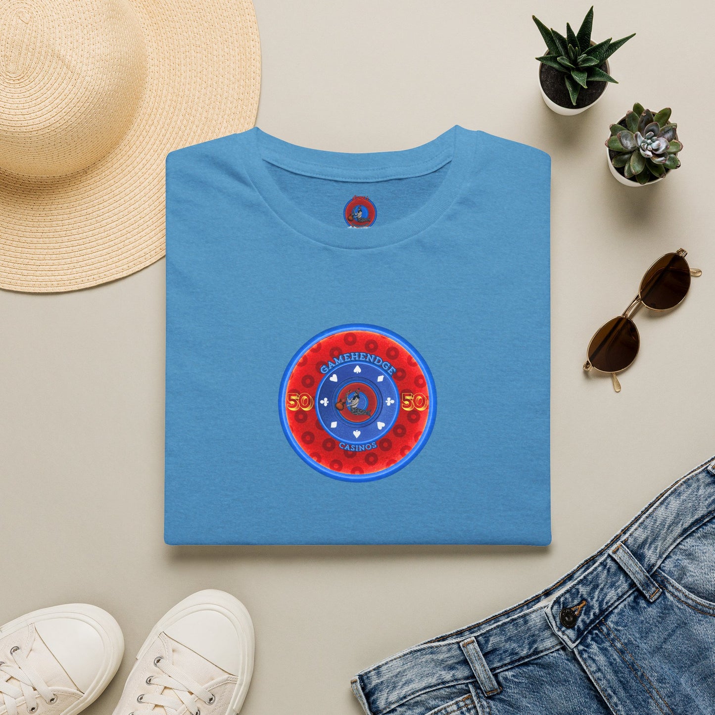 Classic Donut Tee - Unisex Soft-Style - "Phishy Chips" - vivid red/blue widemouthed paradox donut