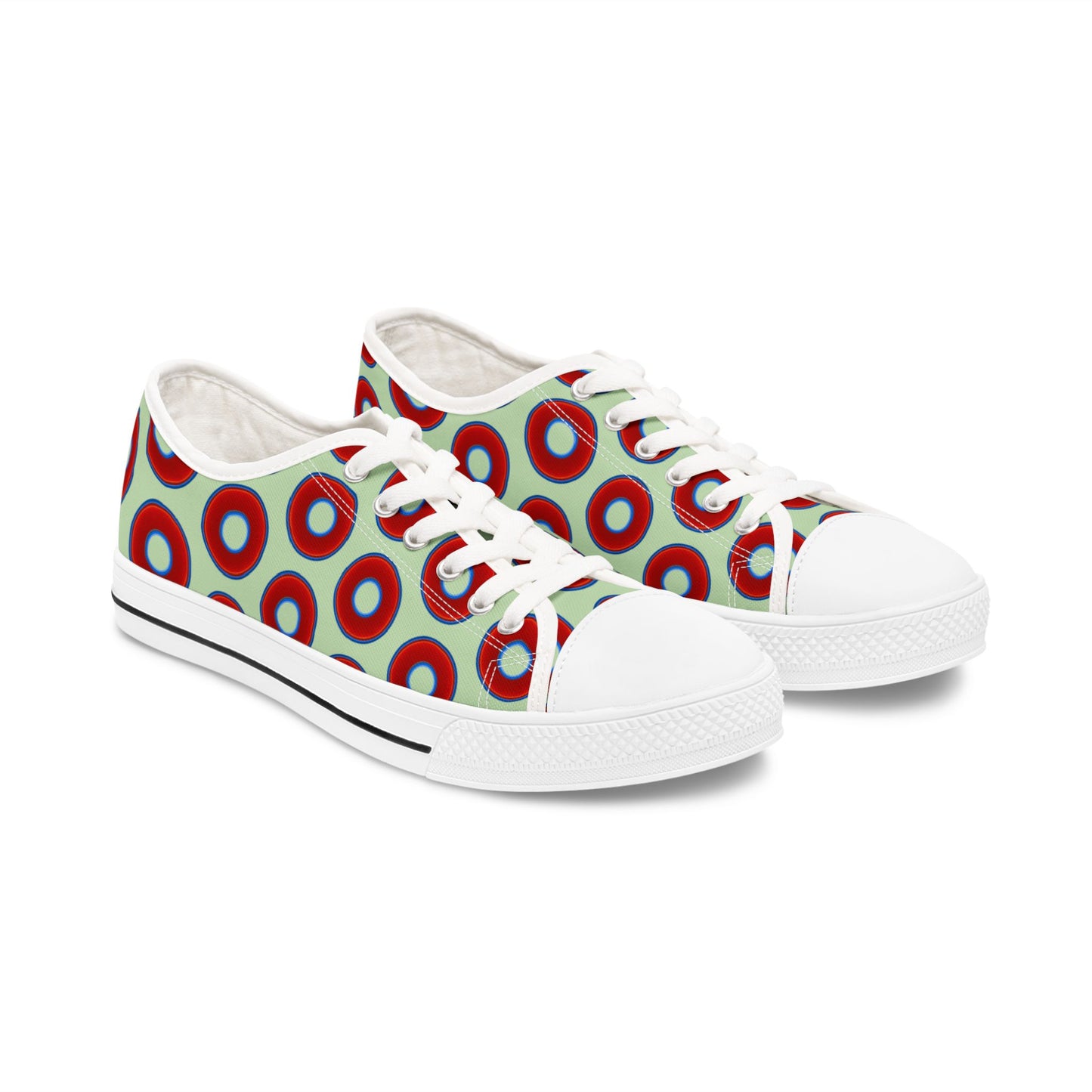 Women's - Low Top Chuck Taylors - large vivid red donut print w/seafoam green background
