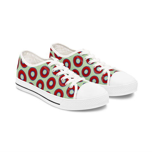 Women's - Low Top Chuck Taylors - large vivid red donut print w/seafoam green background