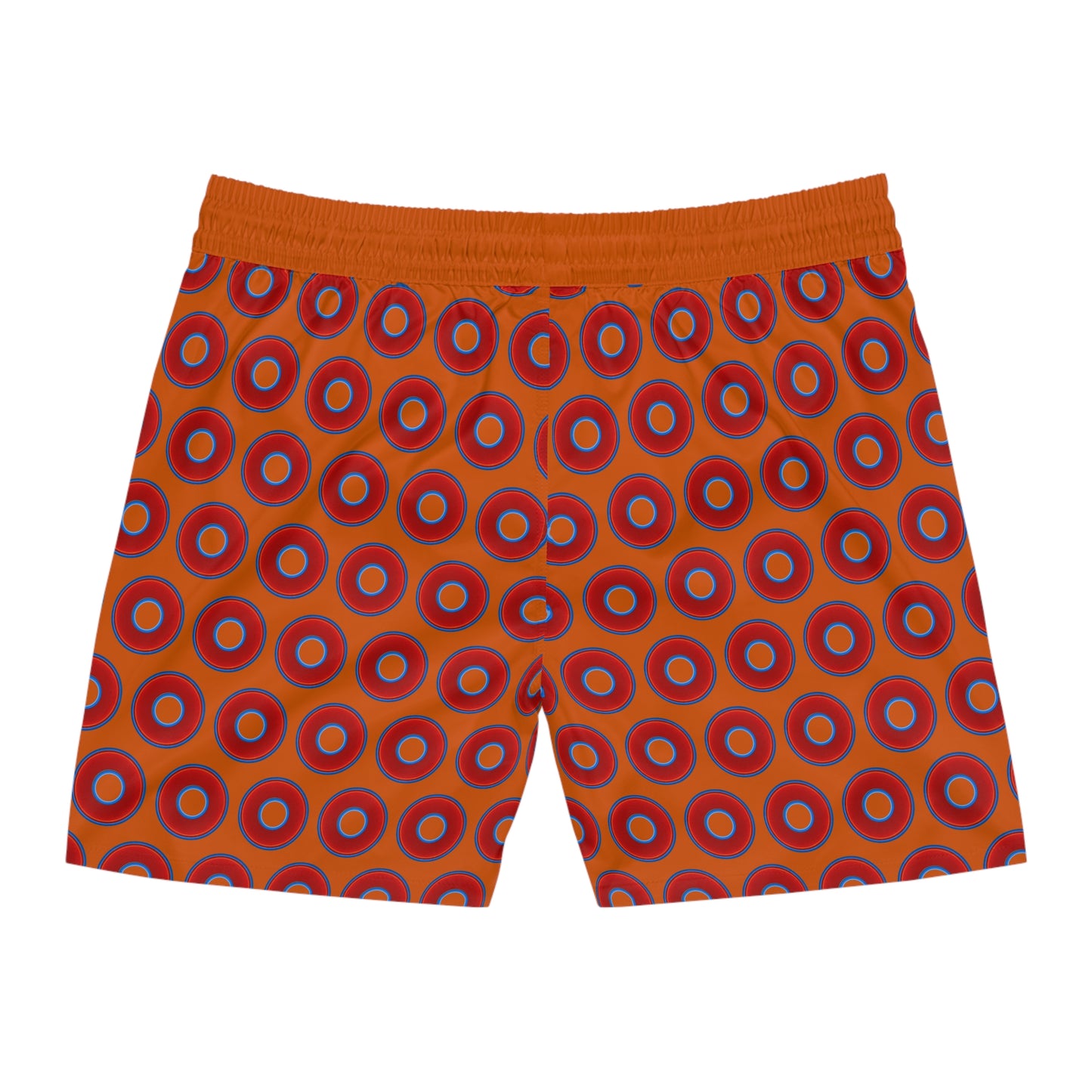 Men's Lumpy Swim Trunks - vivid red donut print w/dark orange background