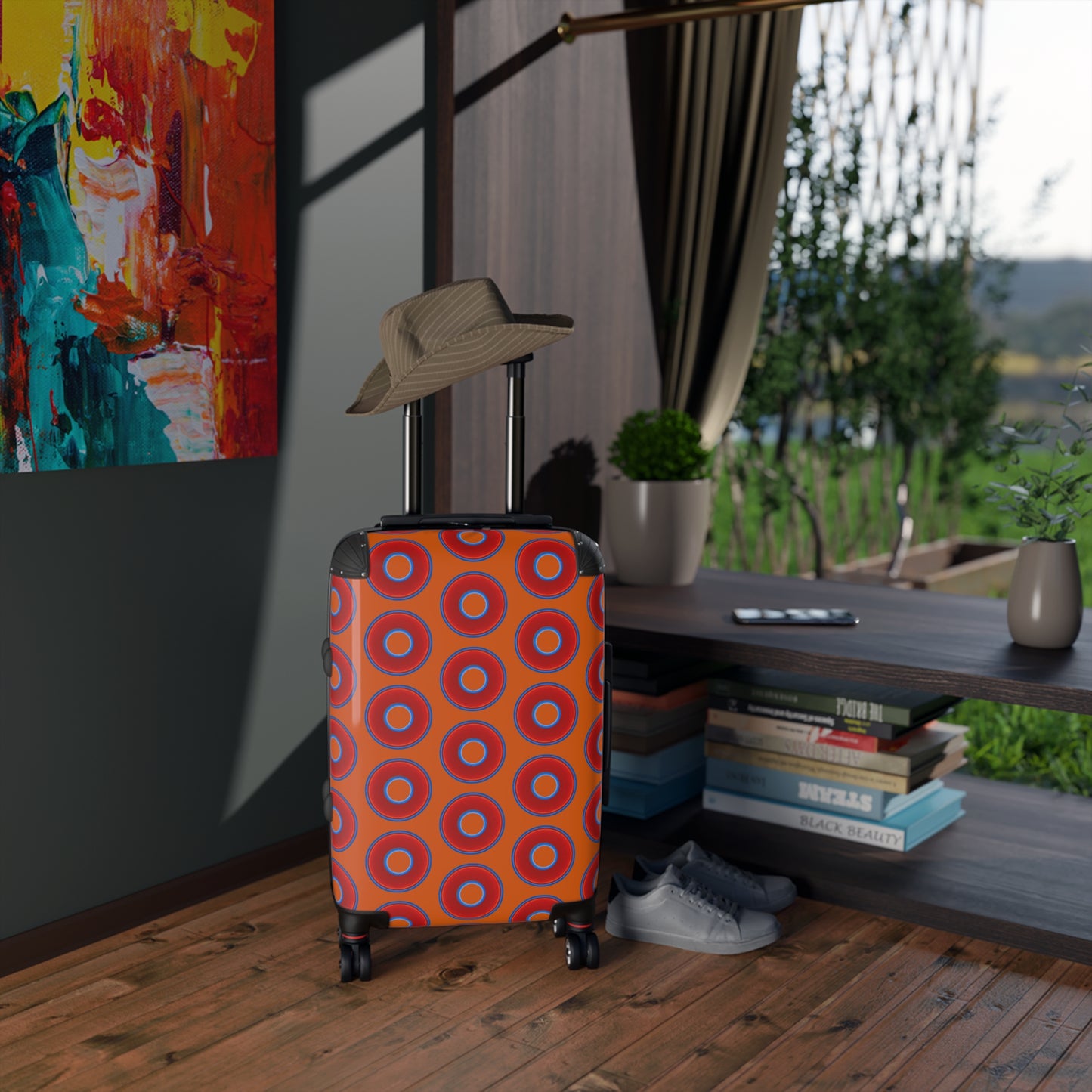 The Very Lumpy Donut Suitcase series - your choice of S, M or L - vivid red donut print w/dark orange background