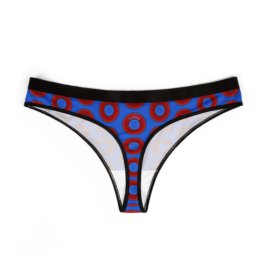 Lumpy Donut Thongs - red vivid donut print w/medium royal background