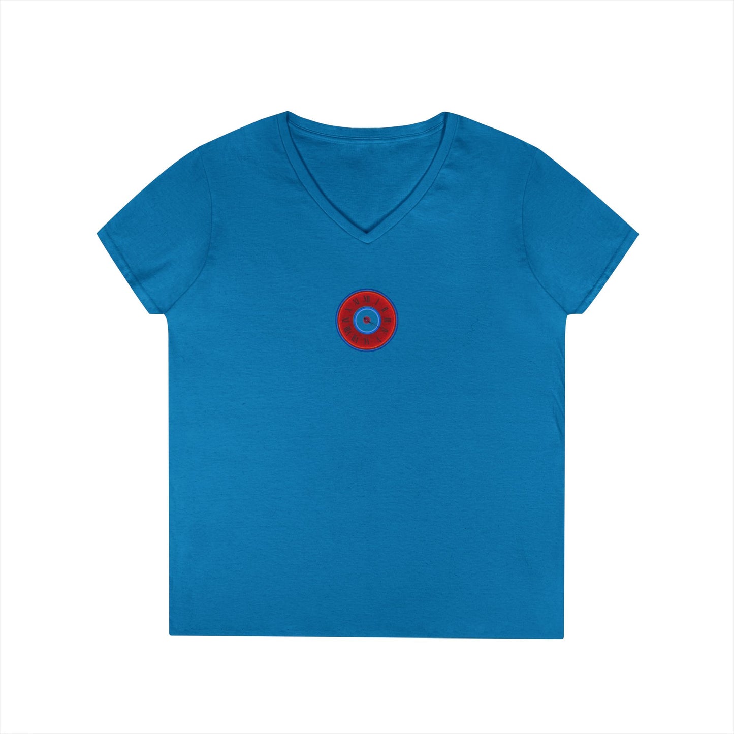 Women's Donut V-Neck Tee - "Time Treasurer's Donut Tee" - vivid red donut w/clock face
