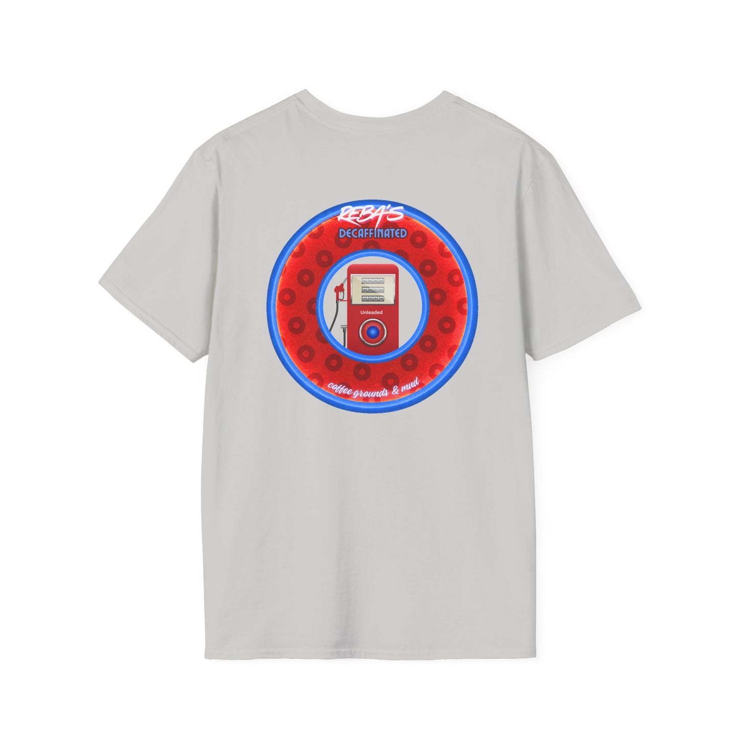 Coffee Traders Tee - Unisex Soft-Style - "Reba's Decaf: Coffee Grounds & Mud " - paradoxical donut - variant 2 - logo front/Reba back