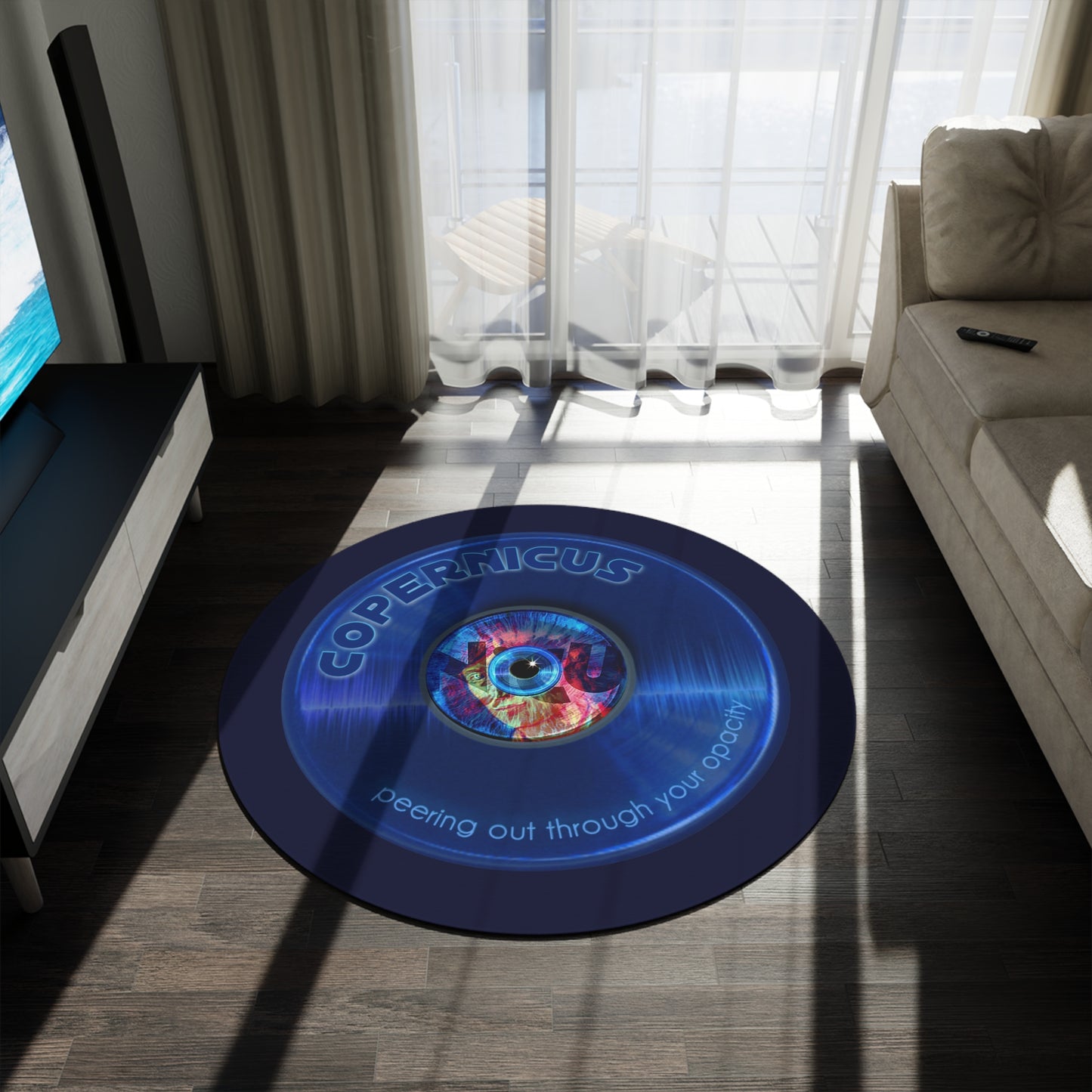 Round Room - 5 ft x 5 ft Lumpy Donut Rug - "Drunken Copernicus Donut Rug" -vivid blue record donut w/dark navy background - variant 1
