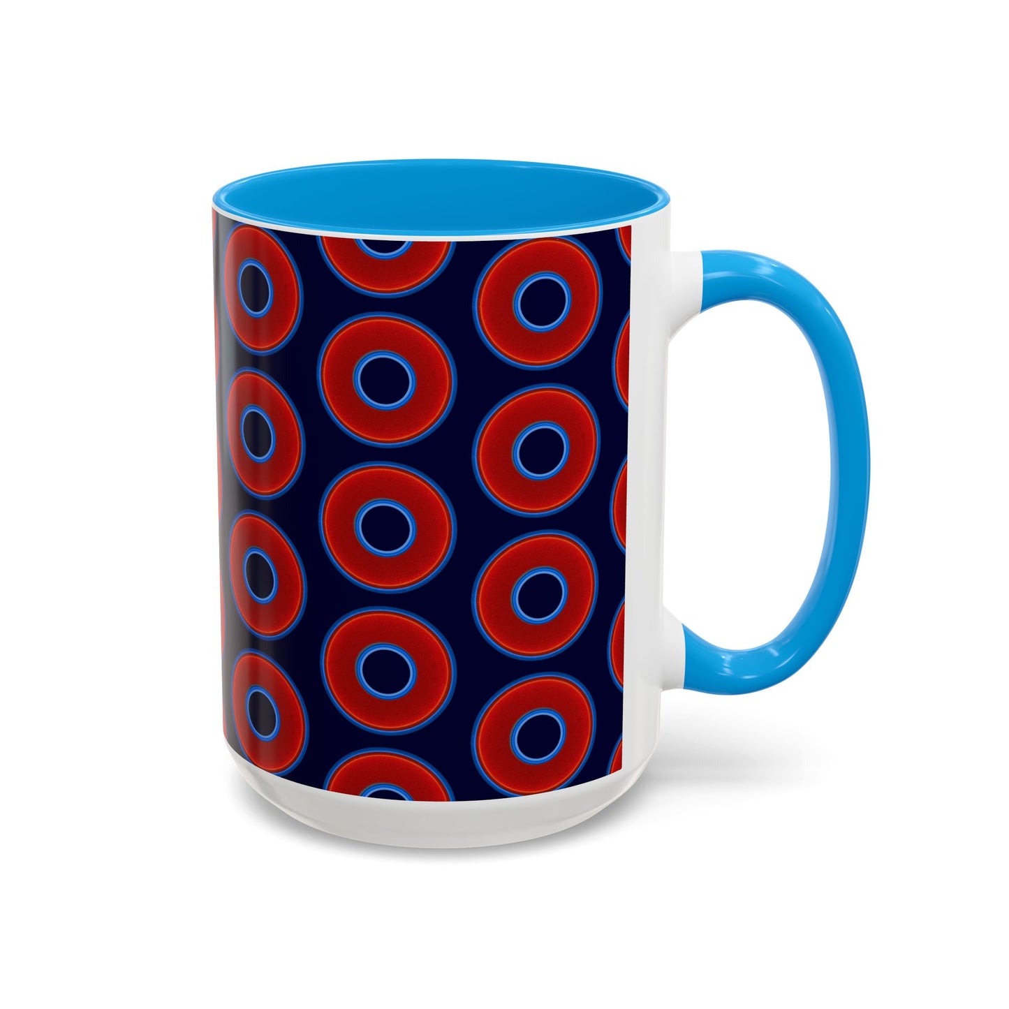 Lump's Grumpy Coffee Mug - vivid red donuts w/midnight blue background