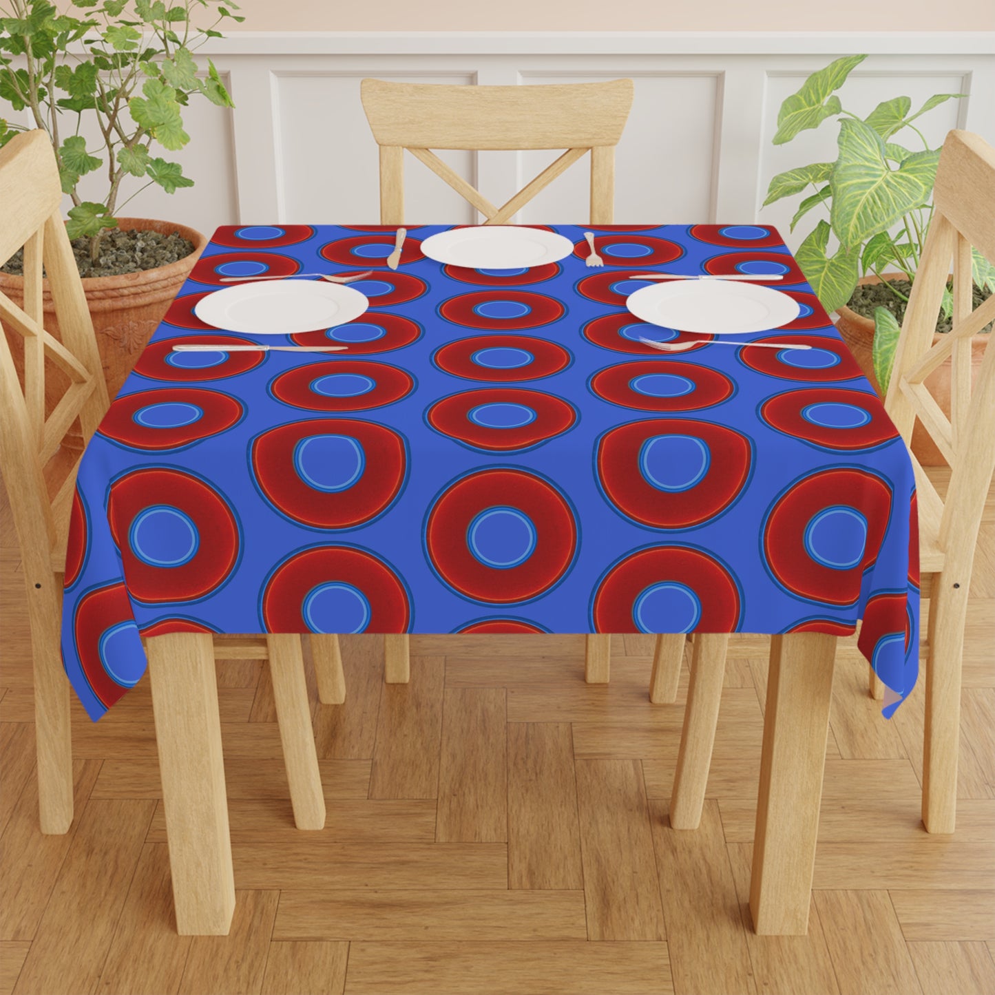 Lumpy Tablecloth - 55.1" x 55.1" - vivid red donuts w/royal blue background