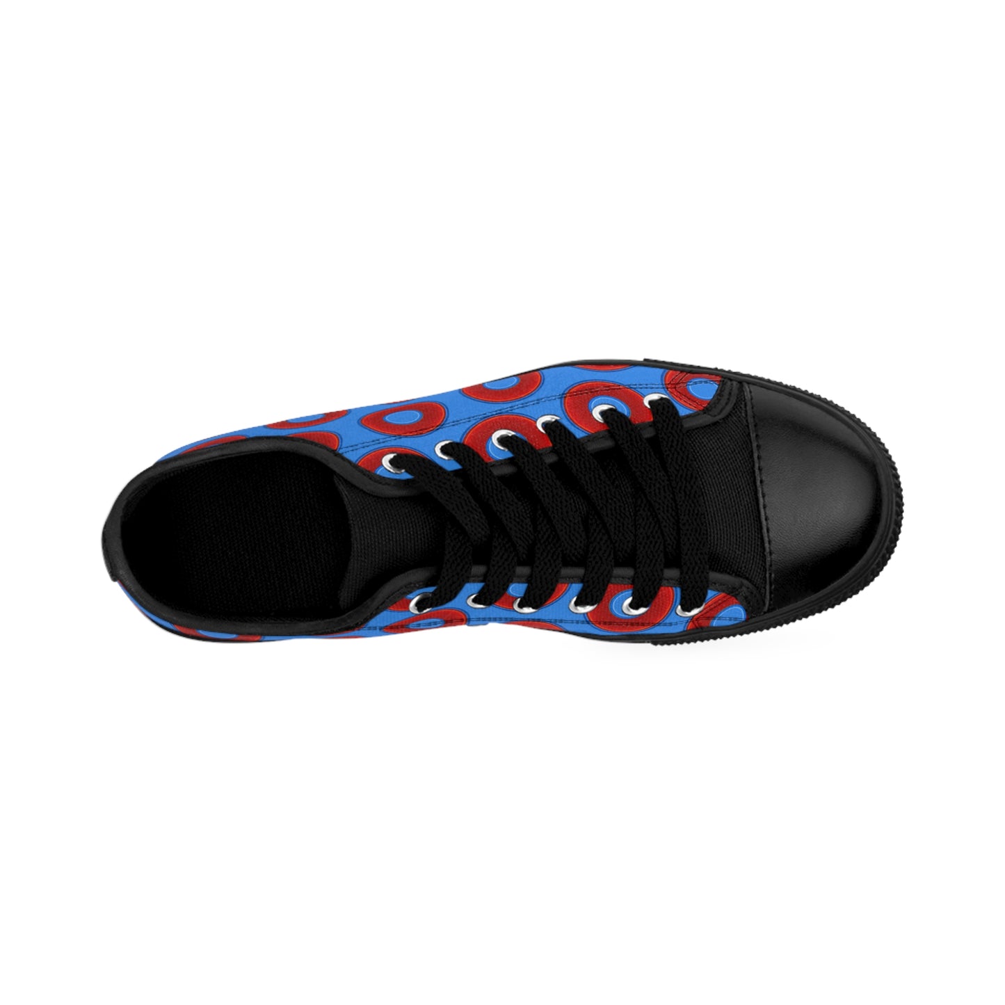 Women's Cushiony Convectors - Low Top - large red vivid donut print w/sky royal blue background