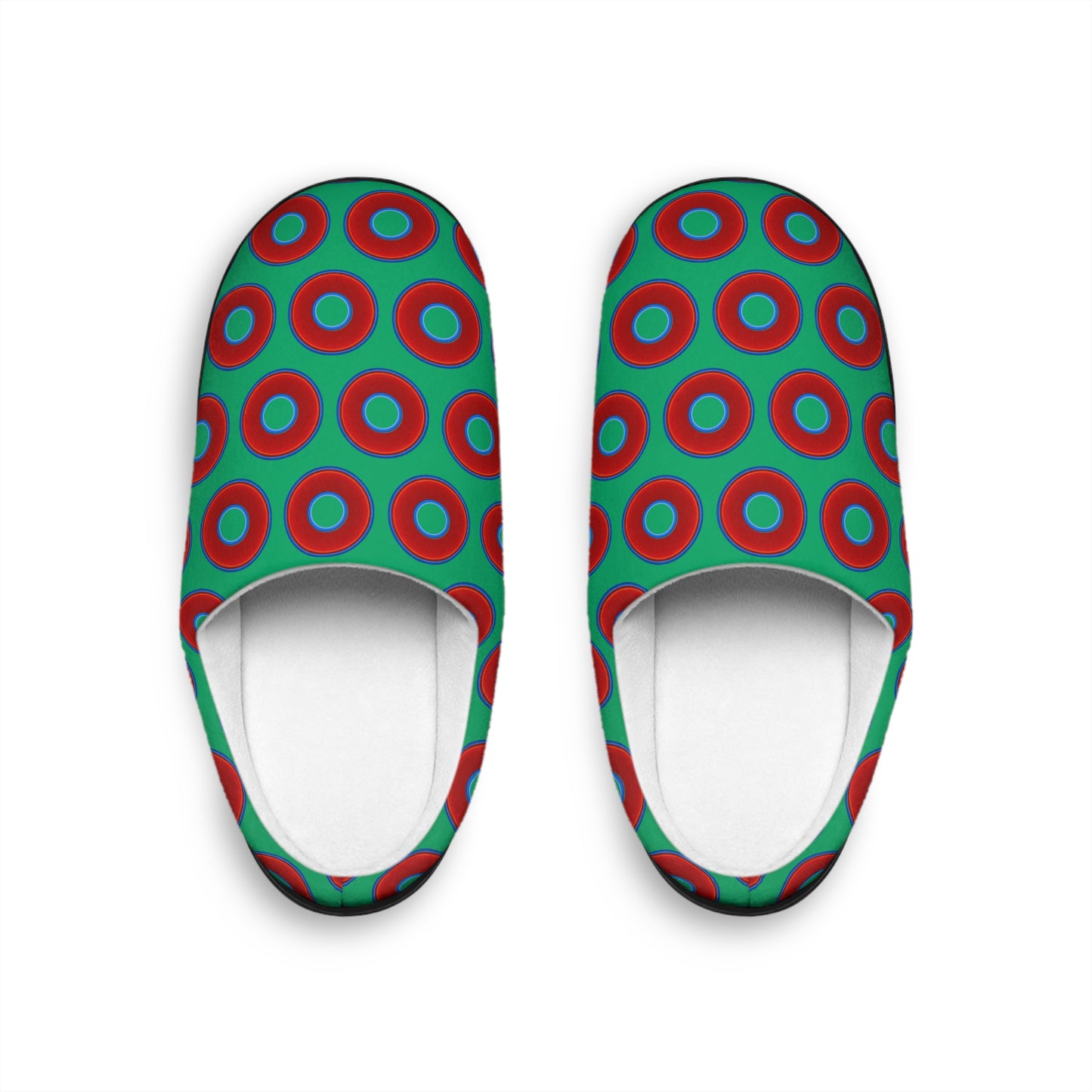 Men's Lumpy Slippers - red vivid donut print w/jade green background