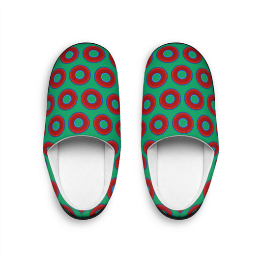 Men's Lumpy Slippers - red vivid donut print w/jade green background