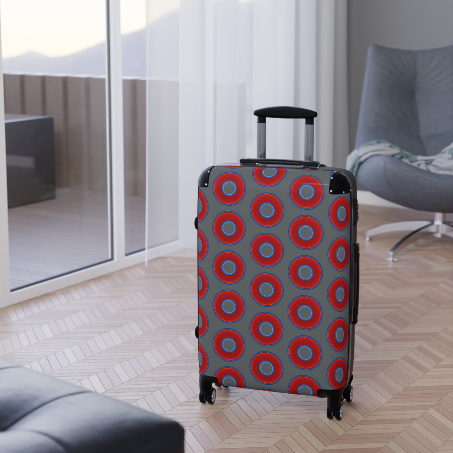 The Very Lumpy Donut Suitcase series - your choice of S, M or L - vivid red donut print w/dark gray background