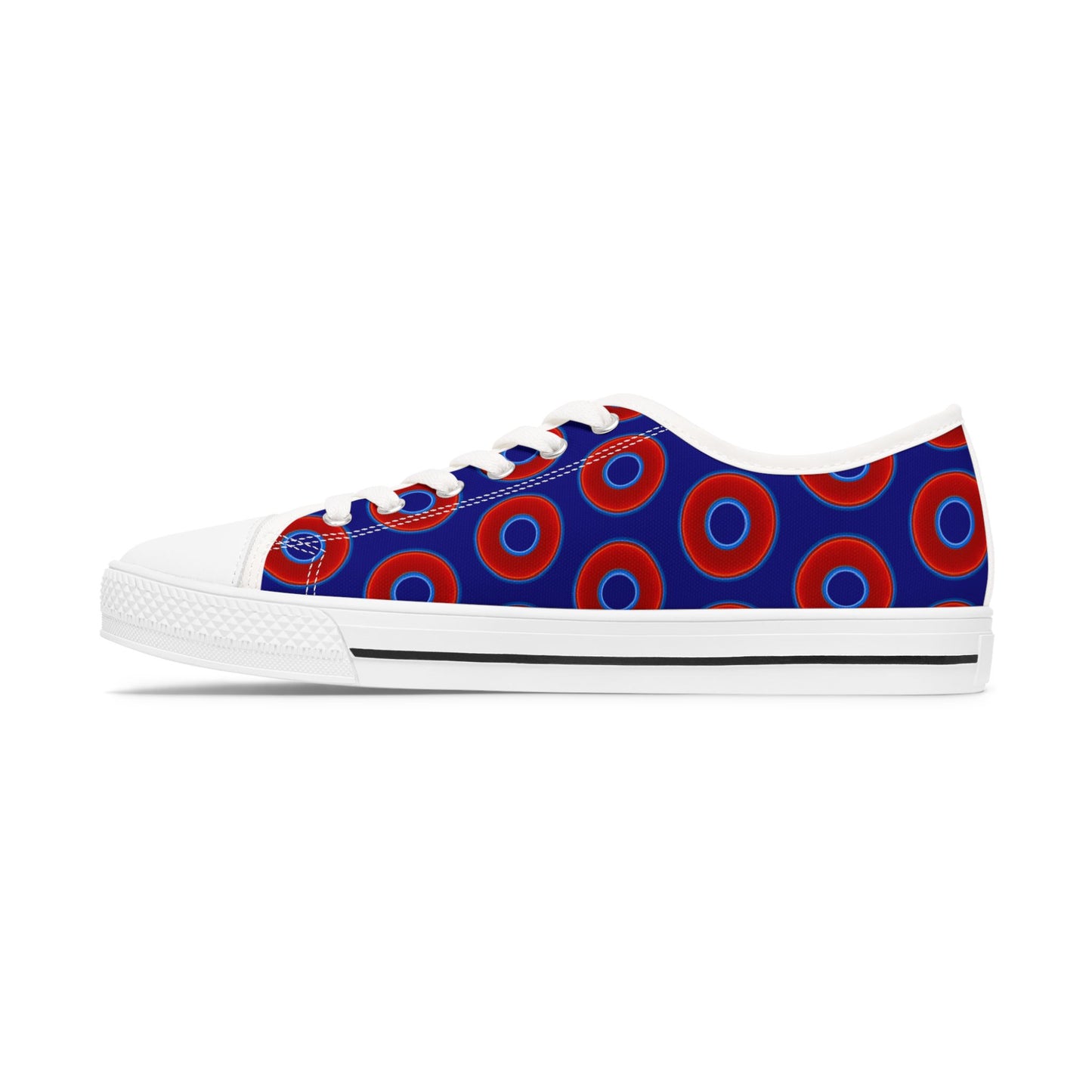 Women's - Low Top Chuck Taylors - large vivid red donut print w/vivid navy blue background