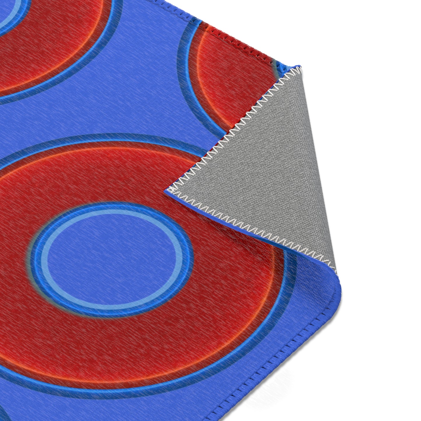 Lumpy Donut Print Rug - choice of 3 sizes - vivid red donut print w/royal blue background