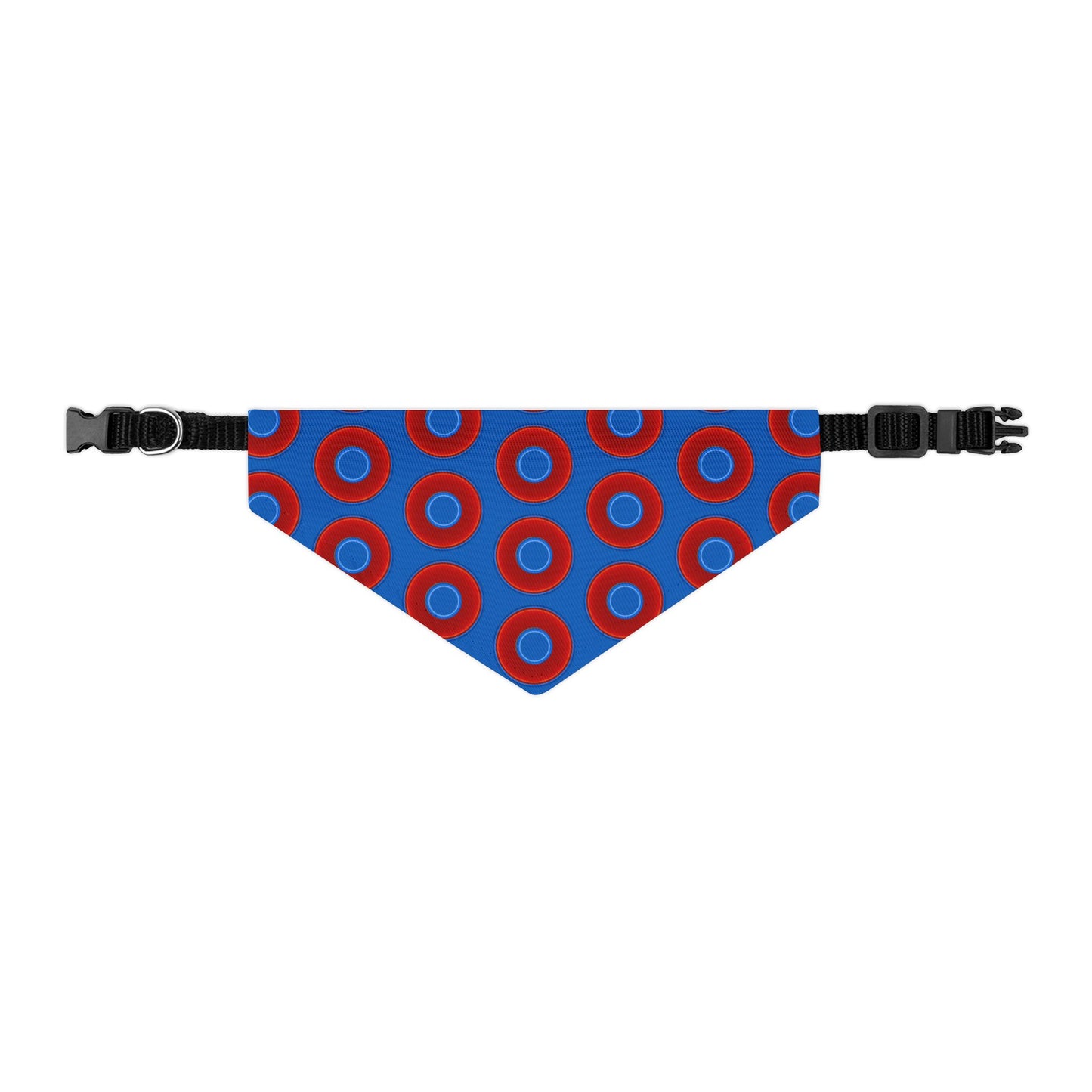 Jim's Lumpy Bandana Pet Collar - vivid red donuts w/dark royal blue background