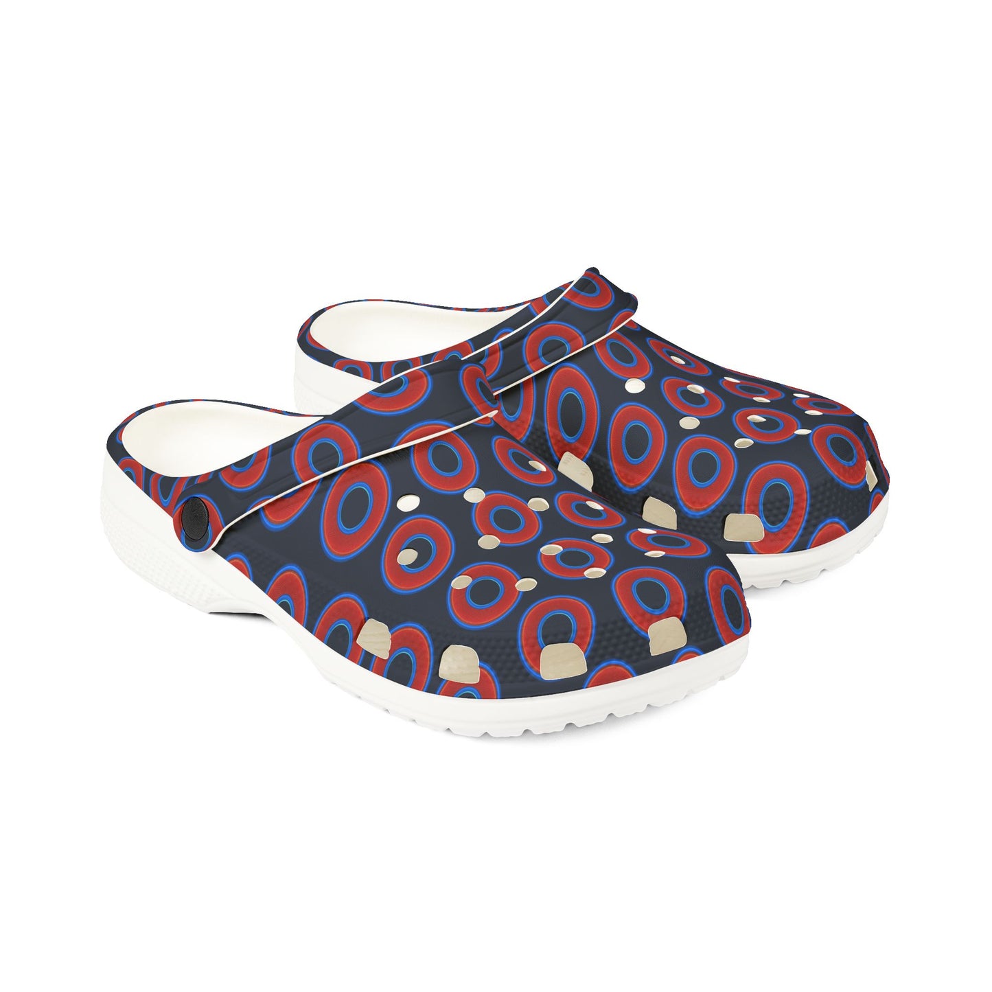 Spatchcocks - donut slip-on shoes - red rustic donuts w/dark blue teal elite background [unisex]