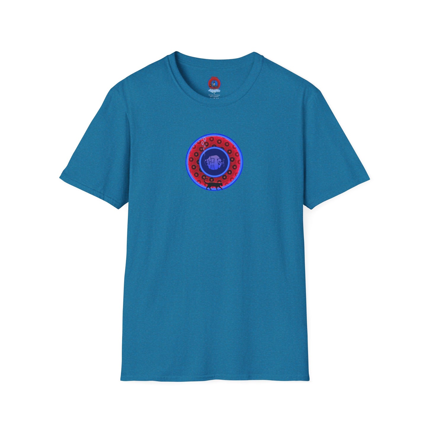 Classic Donut Tee - Unisex Soft-Style - "The Cat's Meow Donut' - red/blue paradox widemouthed donut