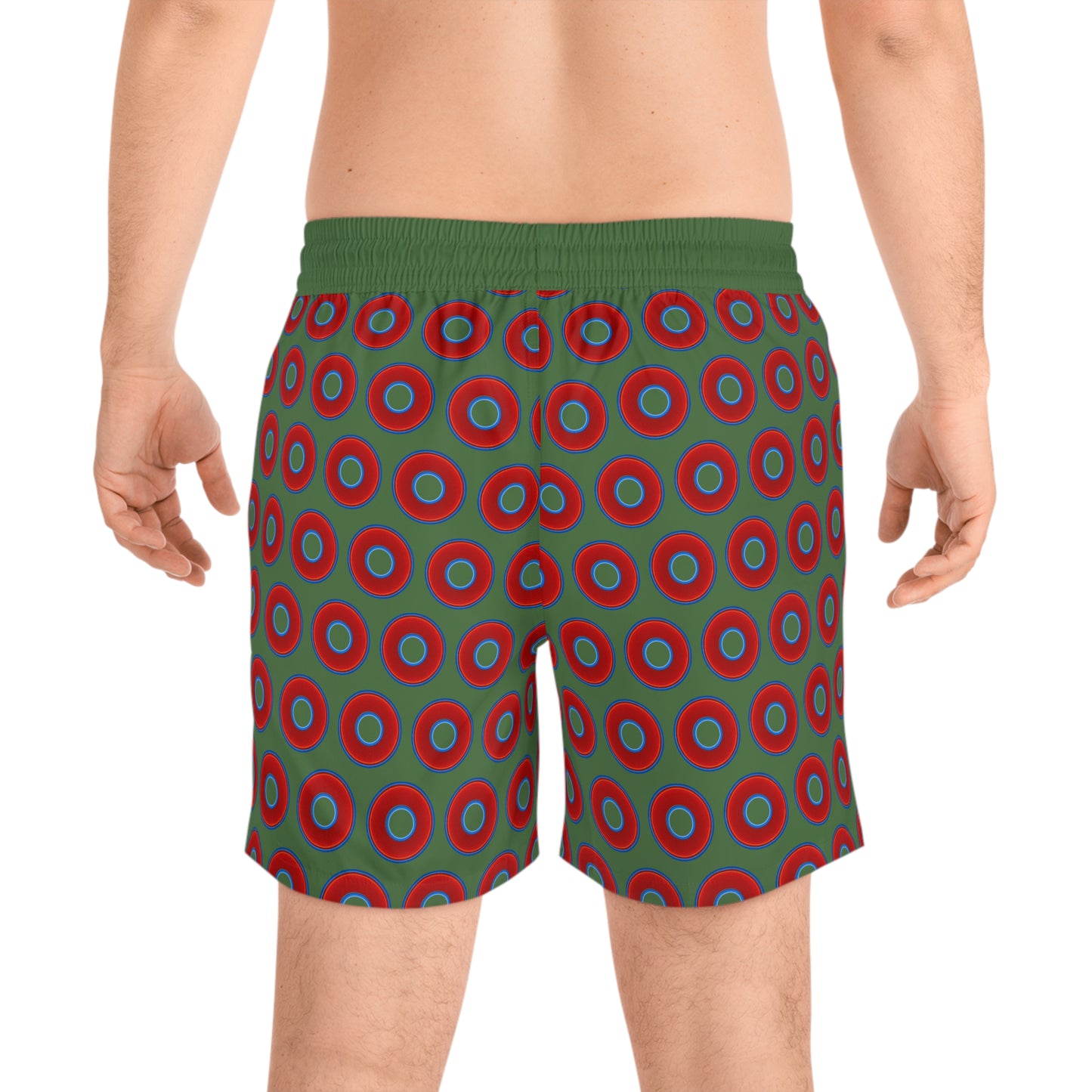 Men's Lumpy Swim Trunks - vivid red donut print w/dark green background