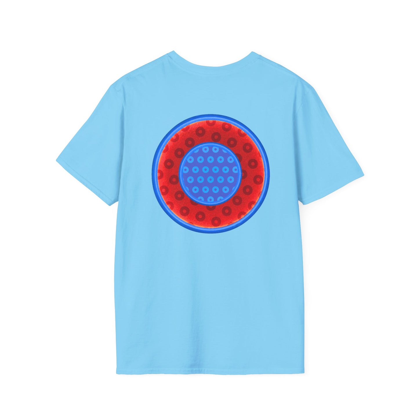 Classic Donut Tee - Unisex Soft-Style - "All You Can Eat Donut Platter" - red/blue paradoxical donuts