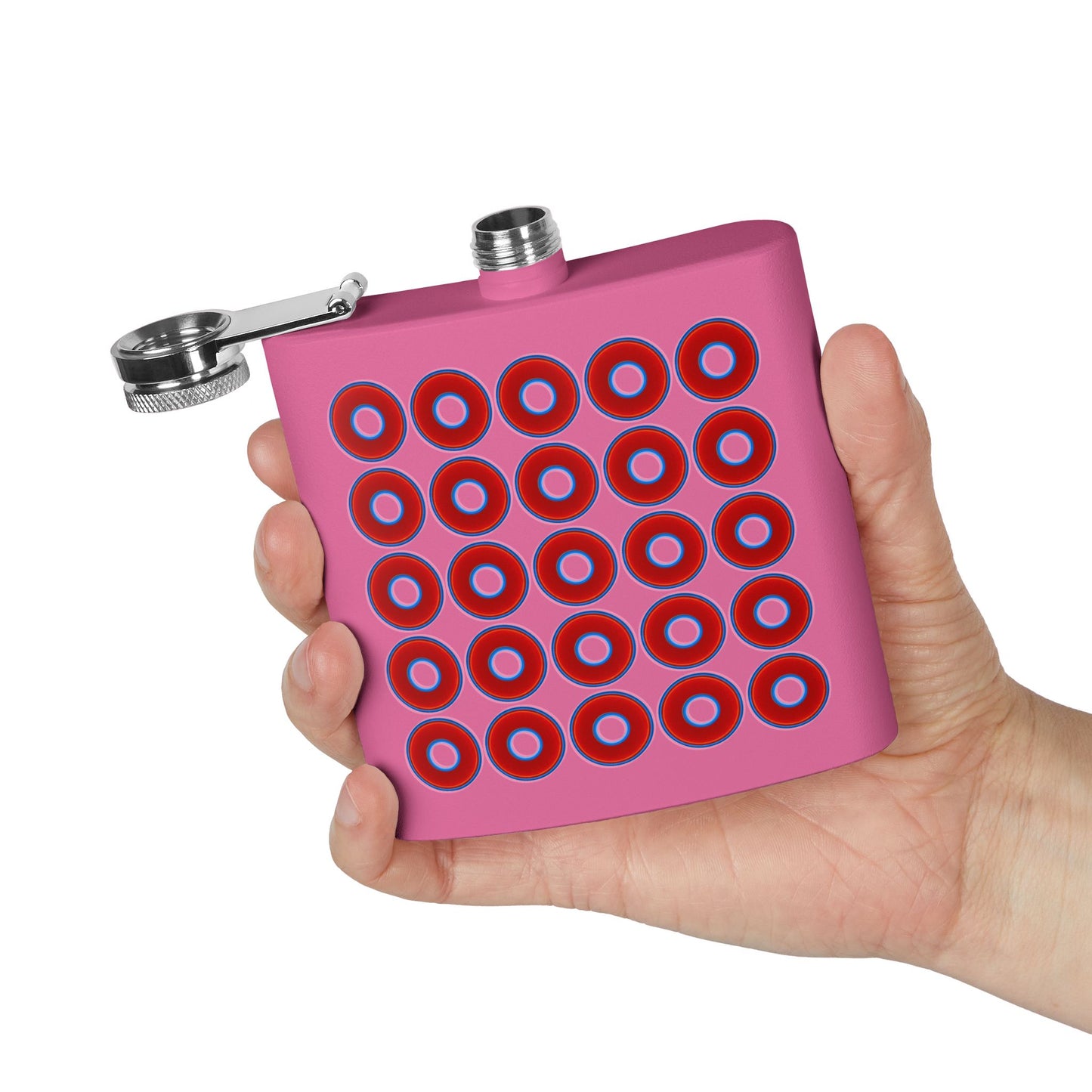 Lump's Donut Flask 6 oz - Lumpy Donut Print - red donuts - [*w/your choice of 9 backgrounds]