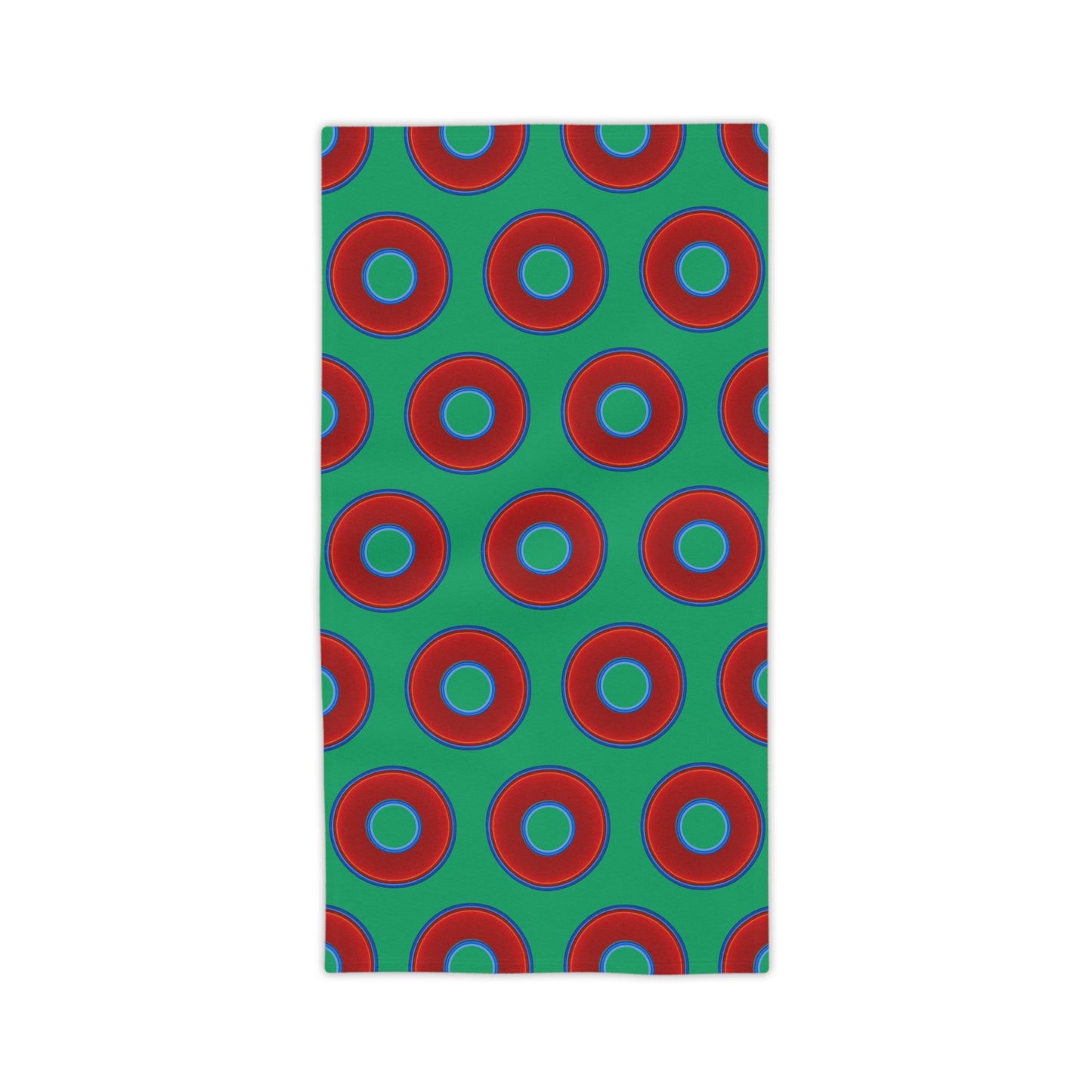 Lumpy Donut Towels - vivid red donuts w/jade green background