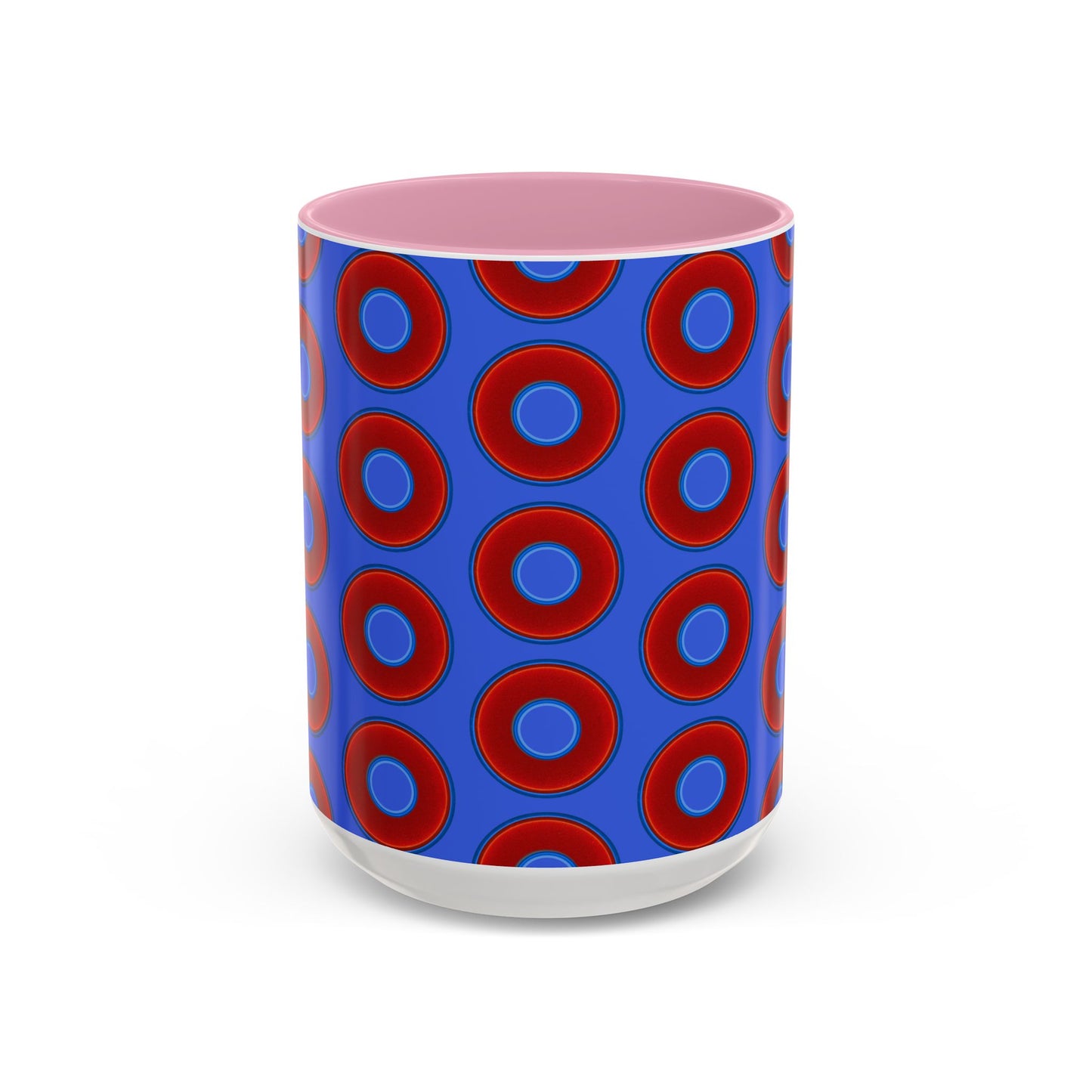 Lump's Grumpy Coffee Mug - vivid red donuts w/royal blue background