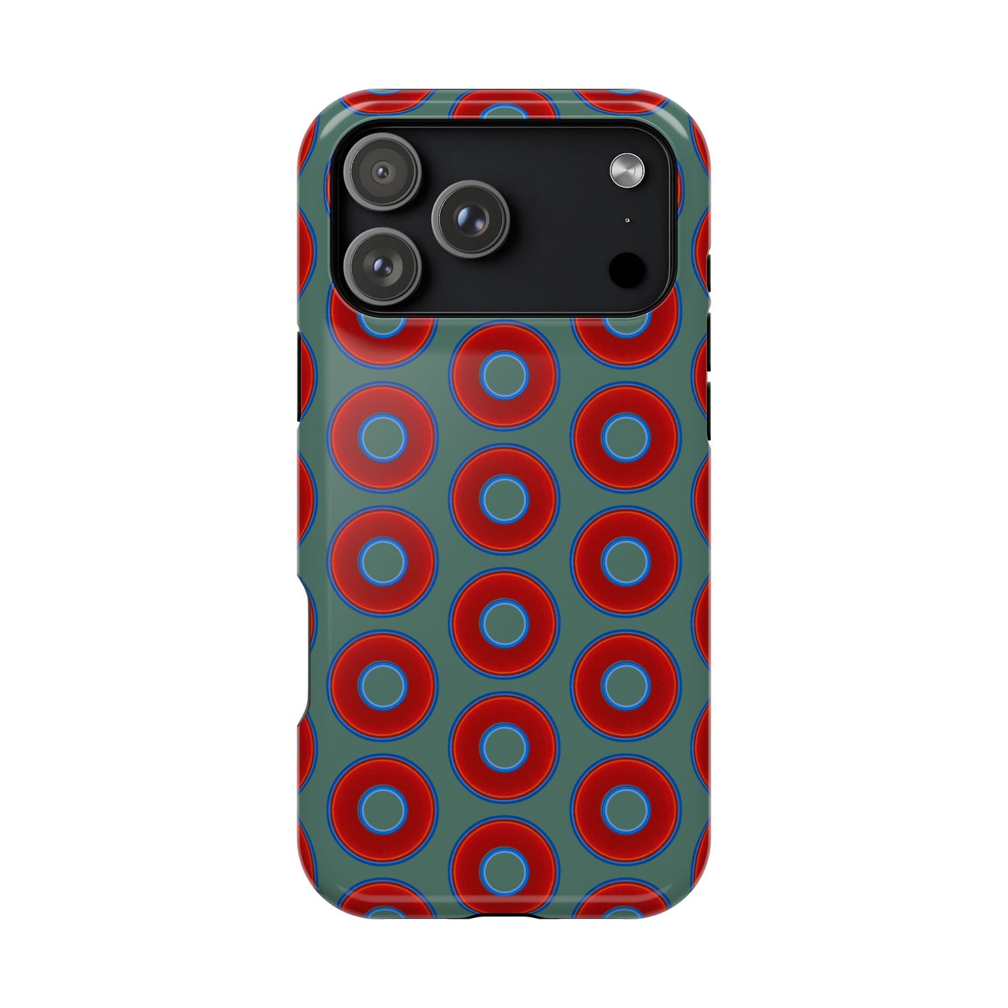 Impact-Resistant Lumpy Donut Case - red vivid donut print w/Fenway green background