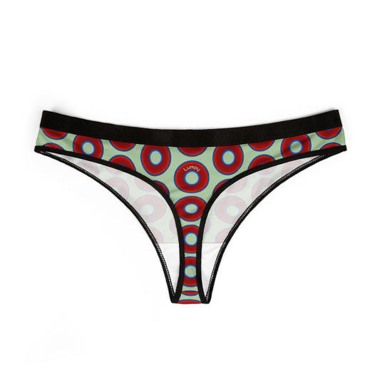 Lumpy Donut Thongs - red vivid donut print w/seafoam green background