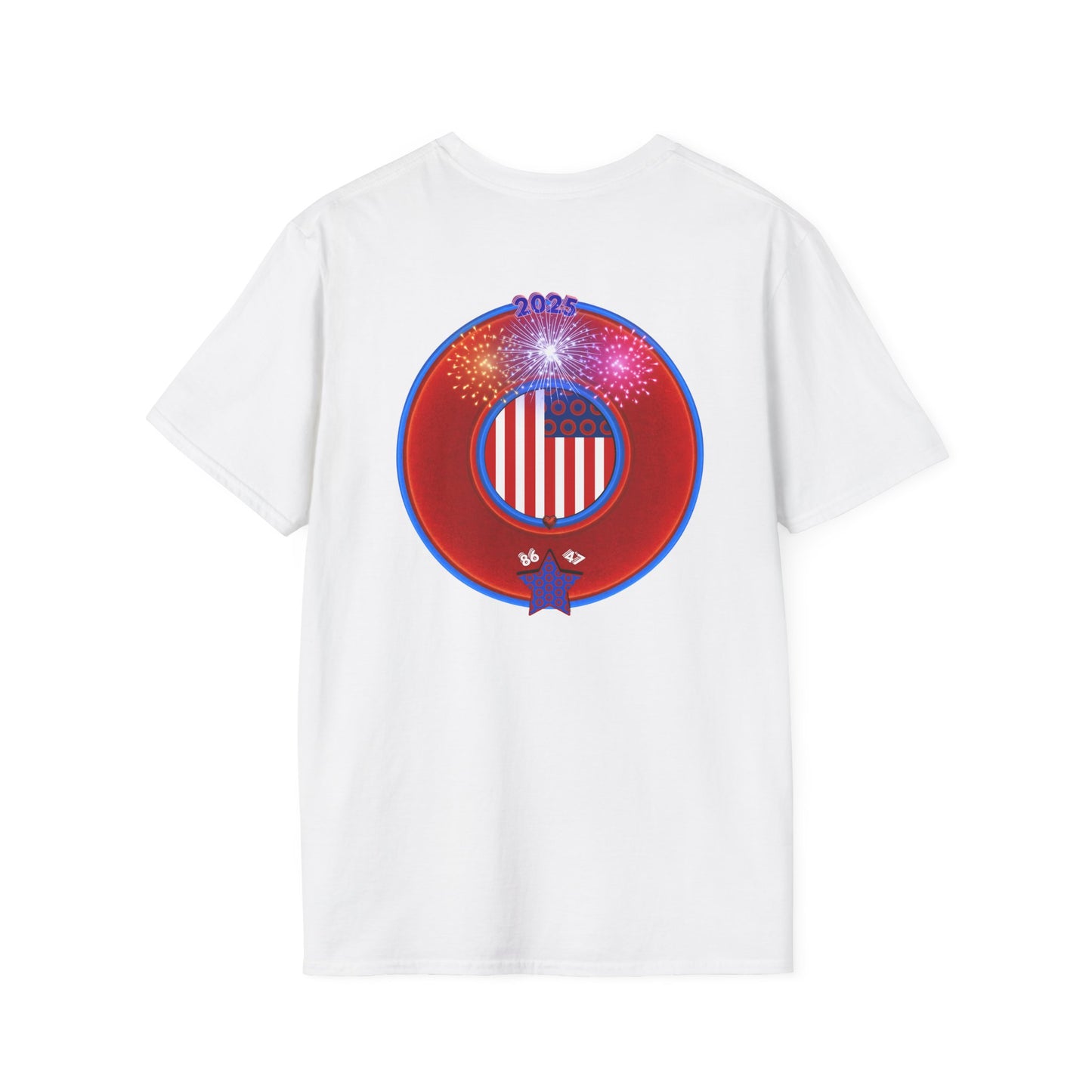 Classic Donut Tee - Unisex Soft-Style - "One Indivisible Donut" - vivid red phreedom donut - w/fireworks - variant 3