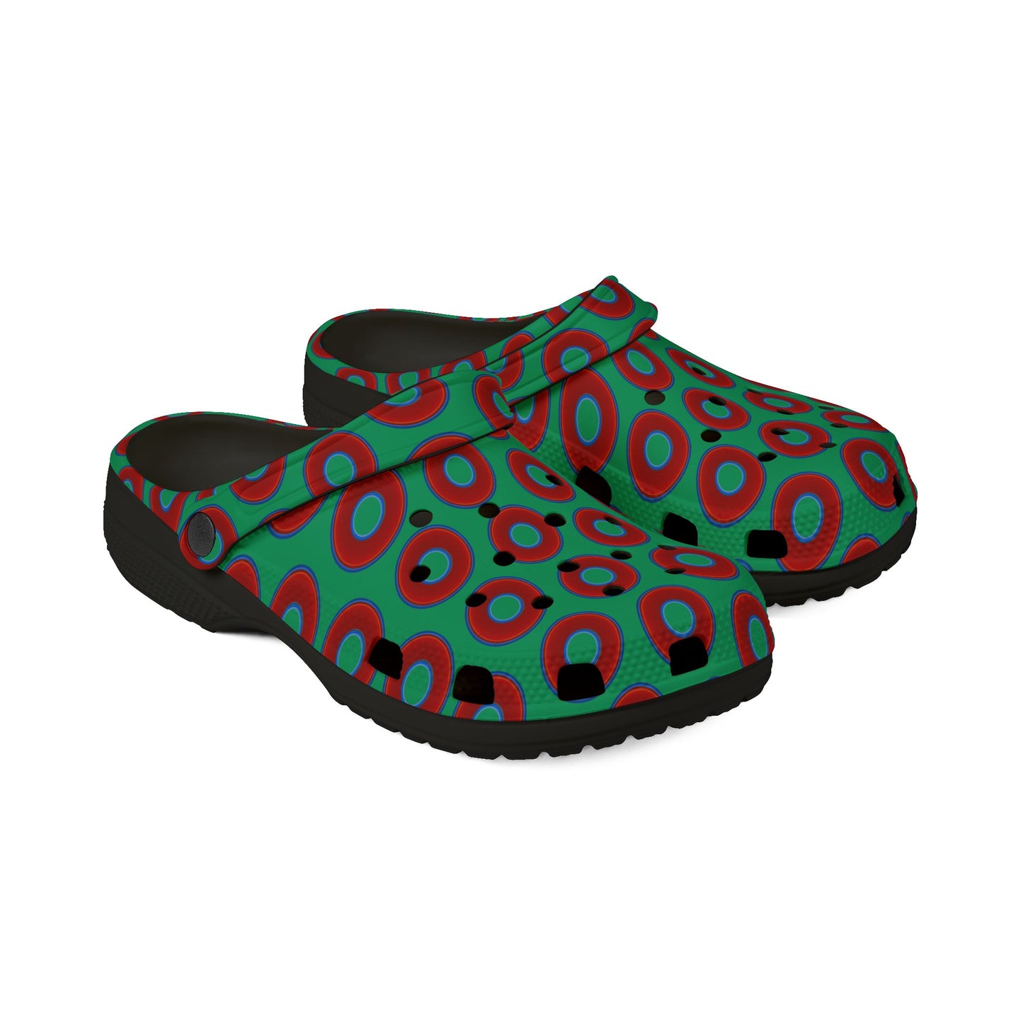 Spatchcocks - donut slip-on shoes - vivid red donuts w/jade green background [unisex]