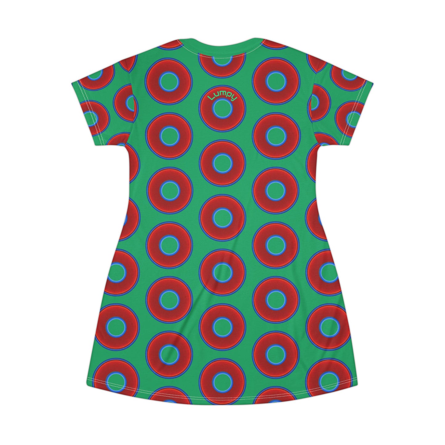 Not a Muumuu AOP Tee Shirt Dress - red vivid donuts w/jade green background