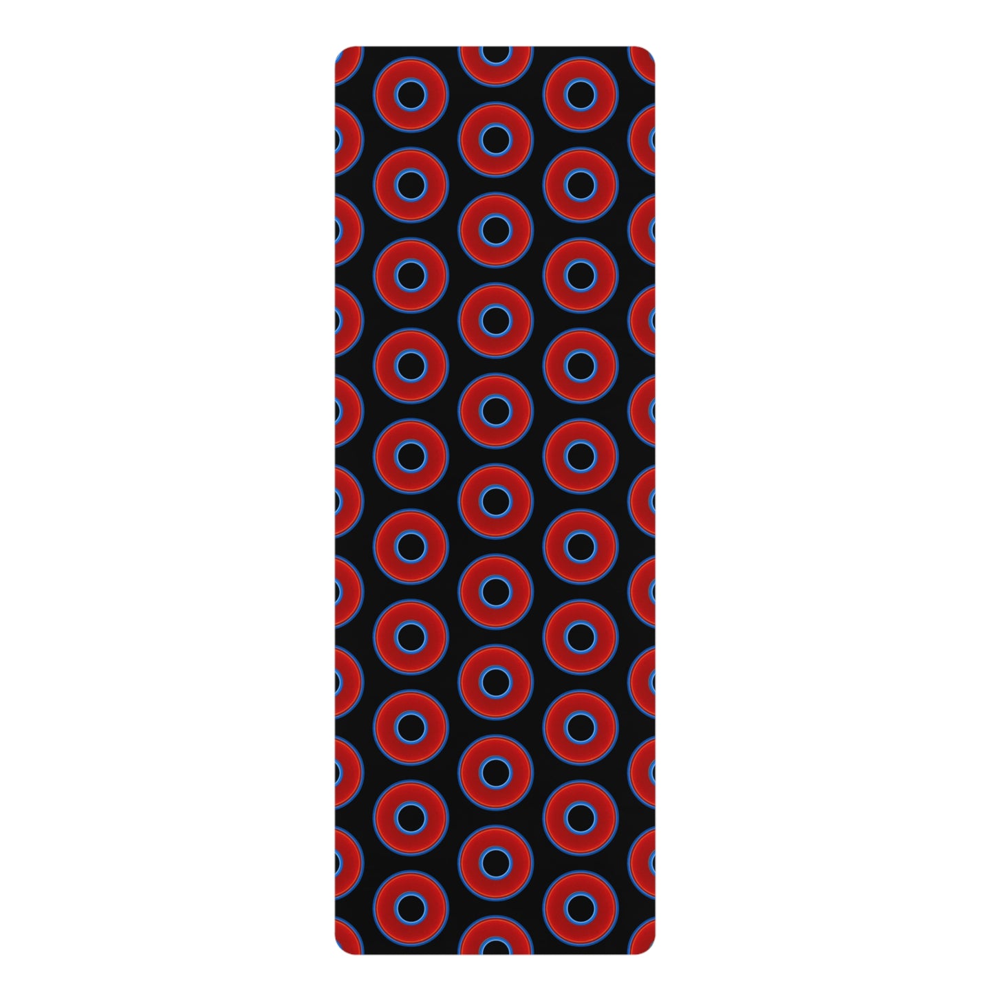 Lumpy Donut Yoga Mat :) - 24″ x 70" - vivid red donut print w/black background