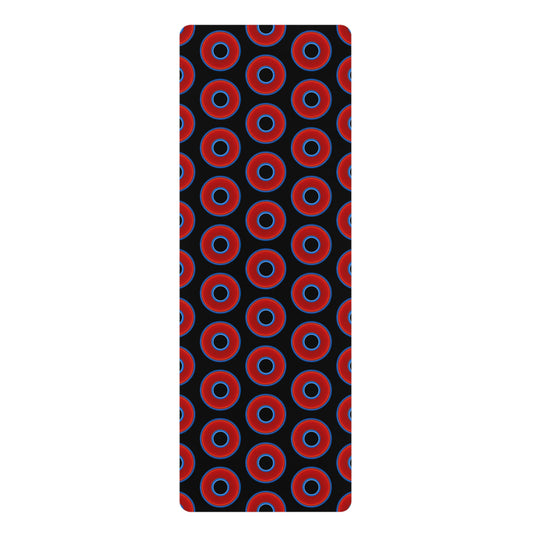 Lumpy Donut Yoga Mat :) - 24″ x 70" - vivid red donut print w/black background