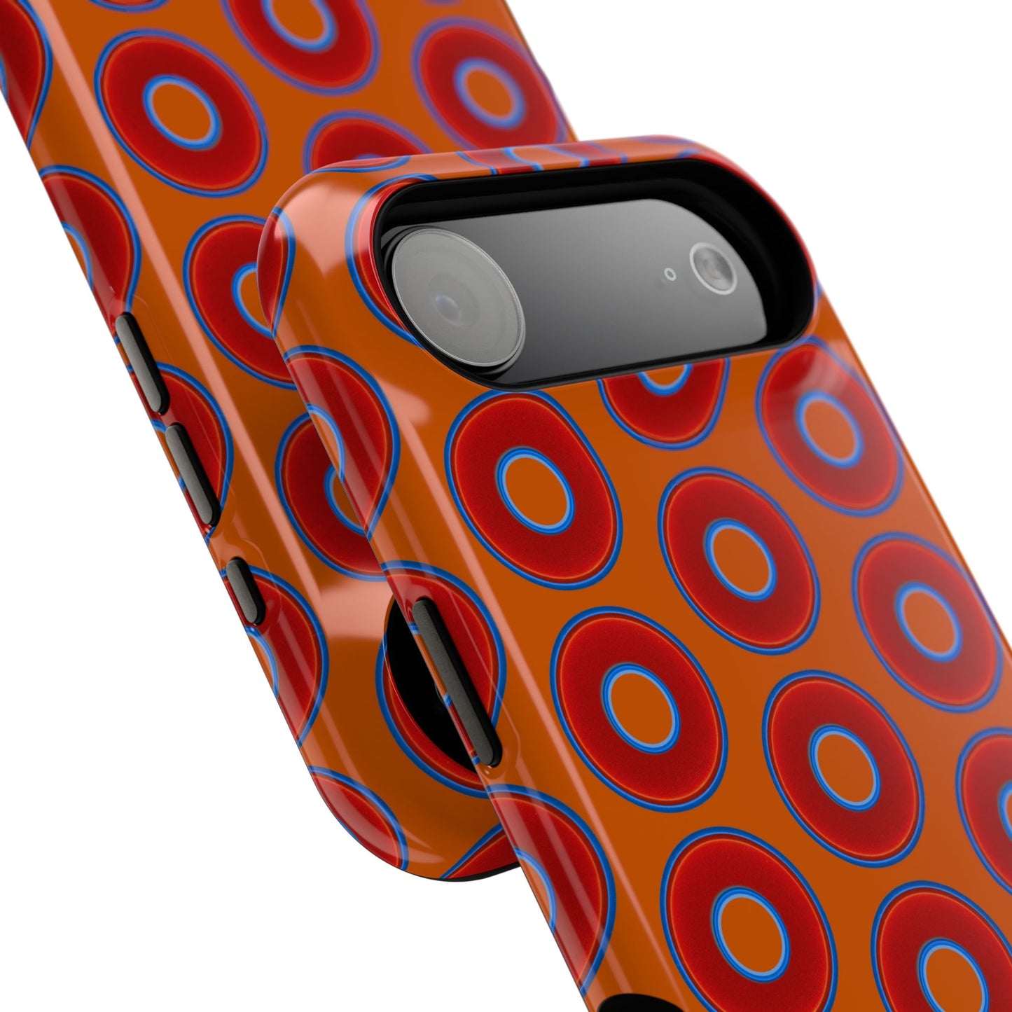 Impact-Resistant Lumpy Donut Case - red vivid donut print w/dark orange background